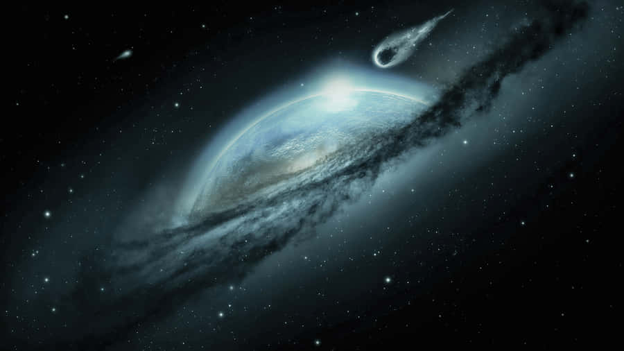 Fantasy Space 桌布 壁紙 — 一顆發光的行星圍繞著一個螺旋星系運行，一顆彗星在佈滿星辰的虛空中掠過。