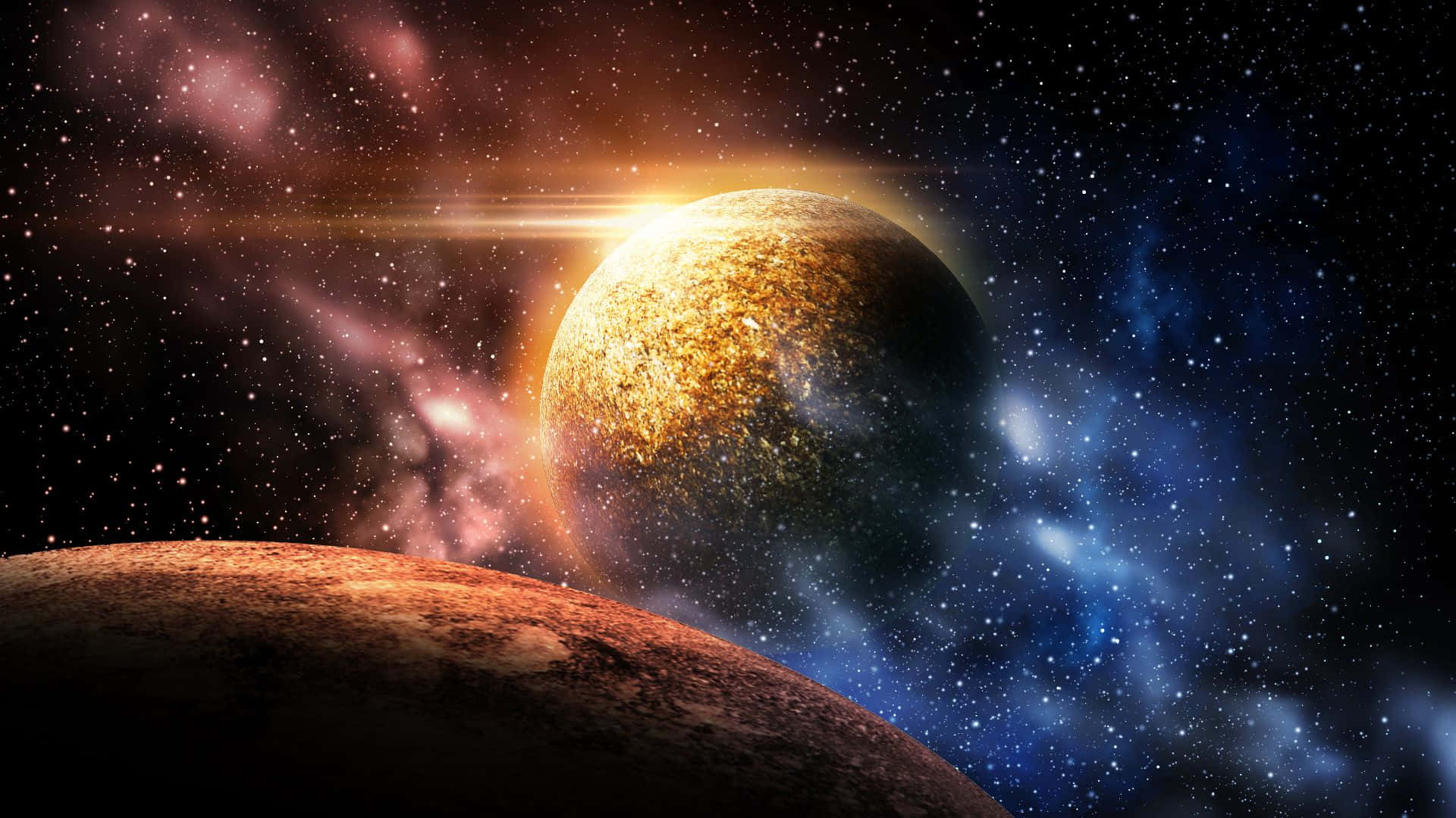 行星動畫 桌布 壁紙 — 一顆發光的行星圍繞著一顆光芒四射的恆星運行，背景是粉紅色和藍色的星雲以及閃爍的星星。