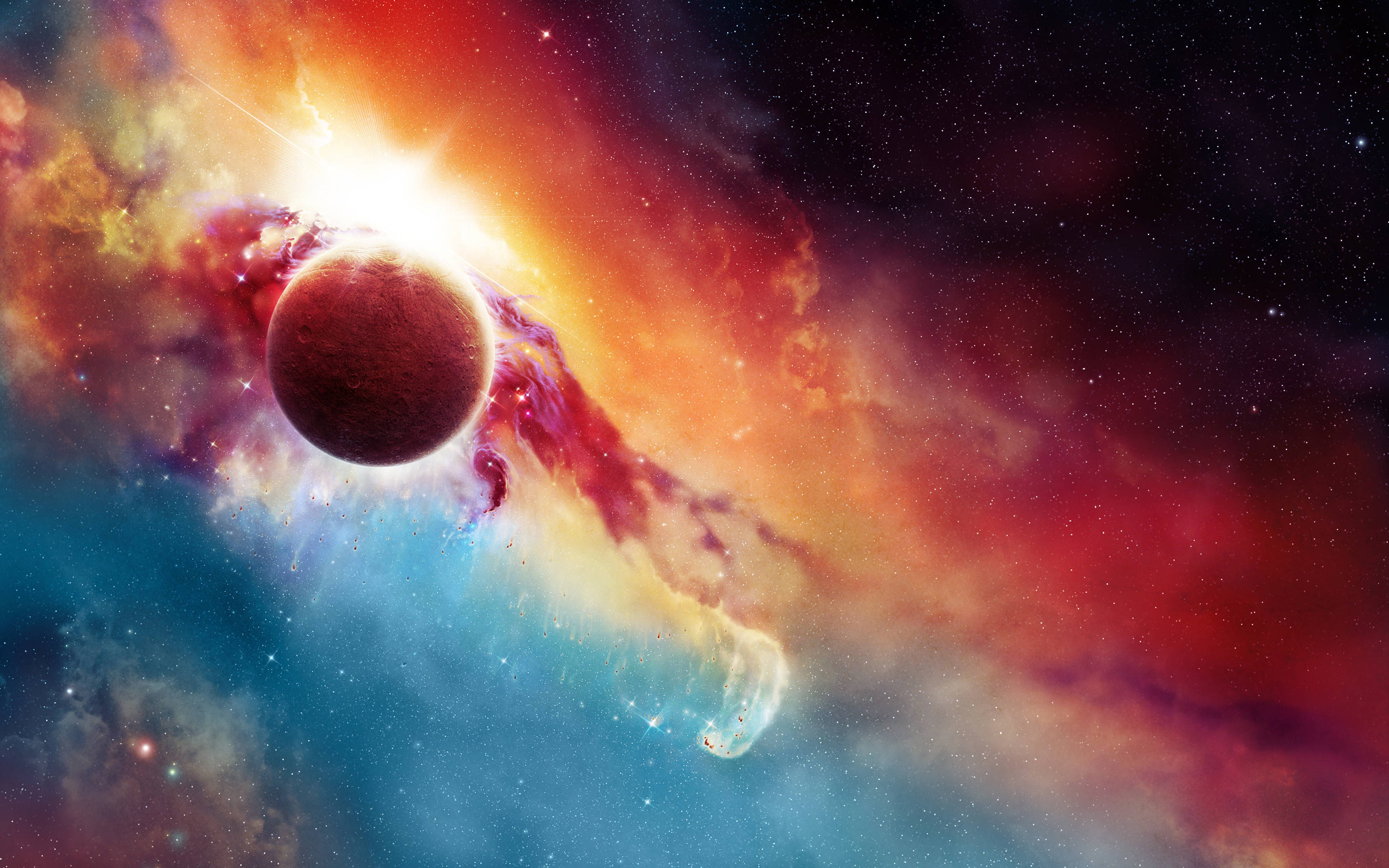 宇宙 桌布 壁紙 — 一顆發光的行星在充滿活力的紅、橙、藍色宇宙星雲中運行，星星散落在黑暗的虛空中。