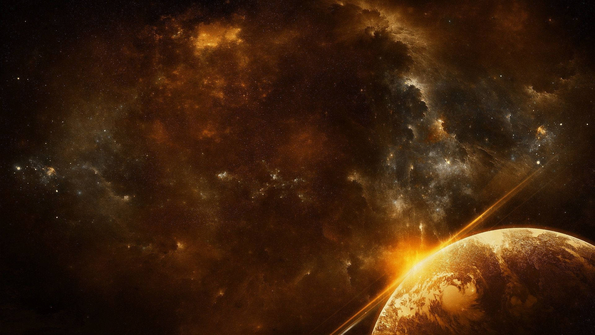 太陽系 桌布 壁紙 — 一顆發光的行星在橙色和黑色宇宙塵埃漩渦的星雲中升起，伴隨著遙遠的星星。
