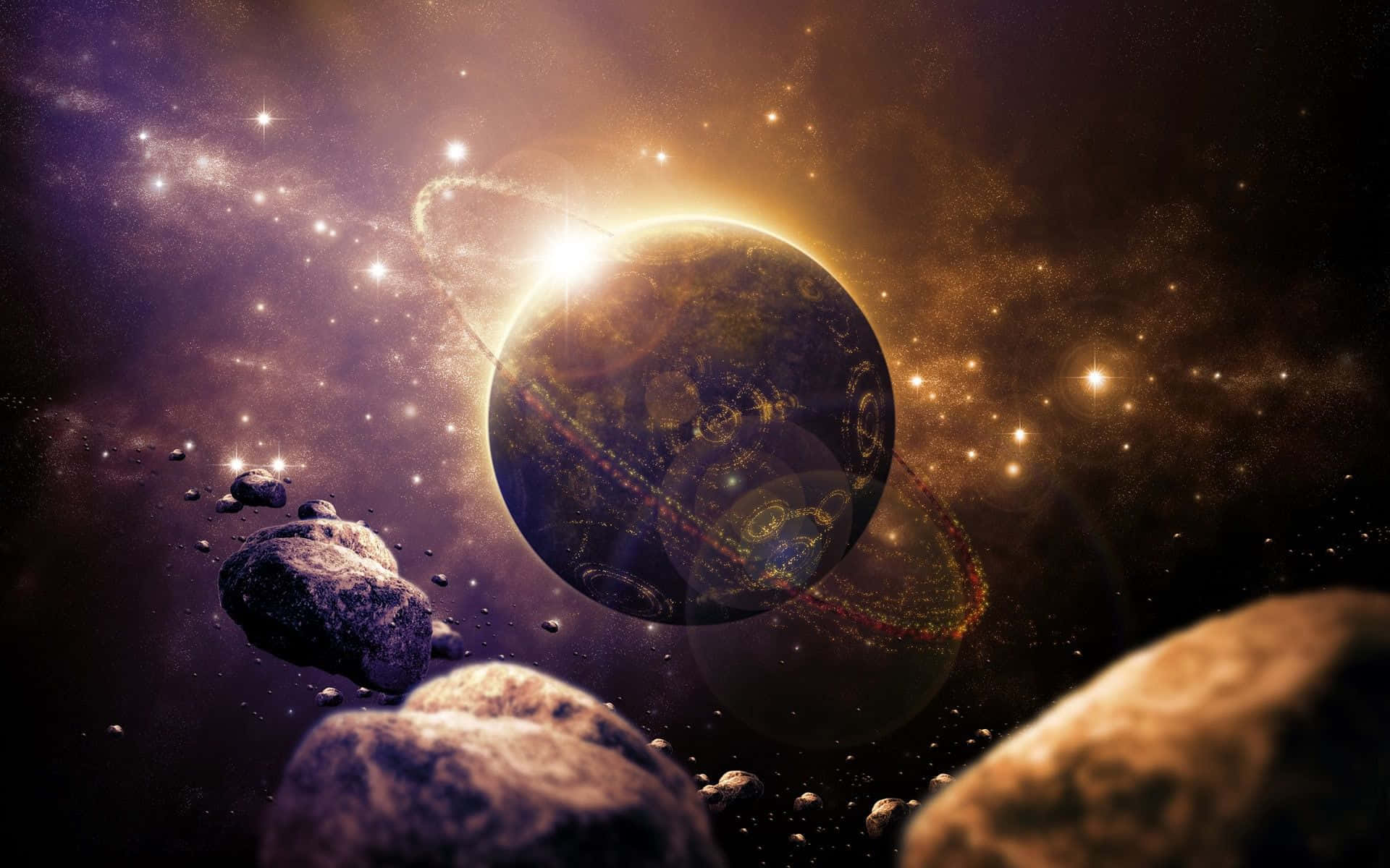 外太空 桌布 壁紙 — 一顆發光的行星帶有光環和古老符號，在小行星和恆星之間運行，構成宇宙場景。