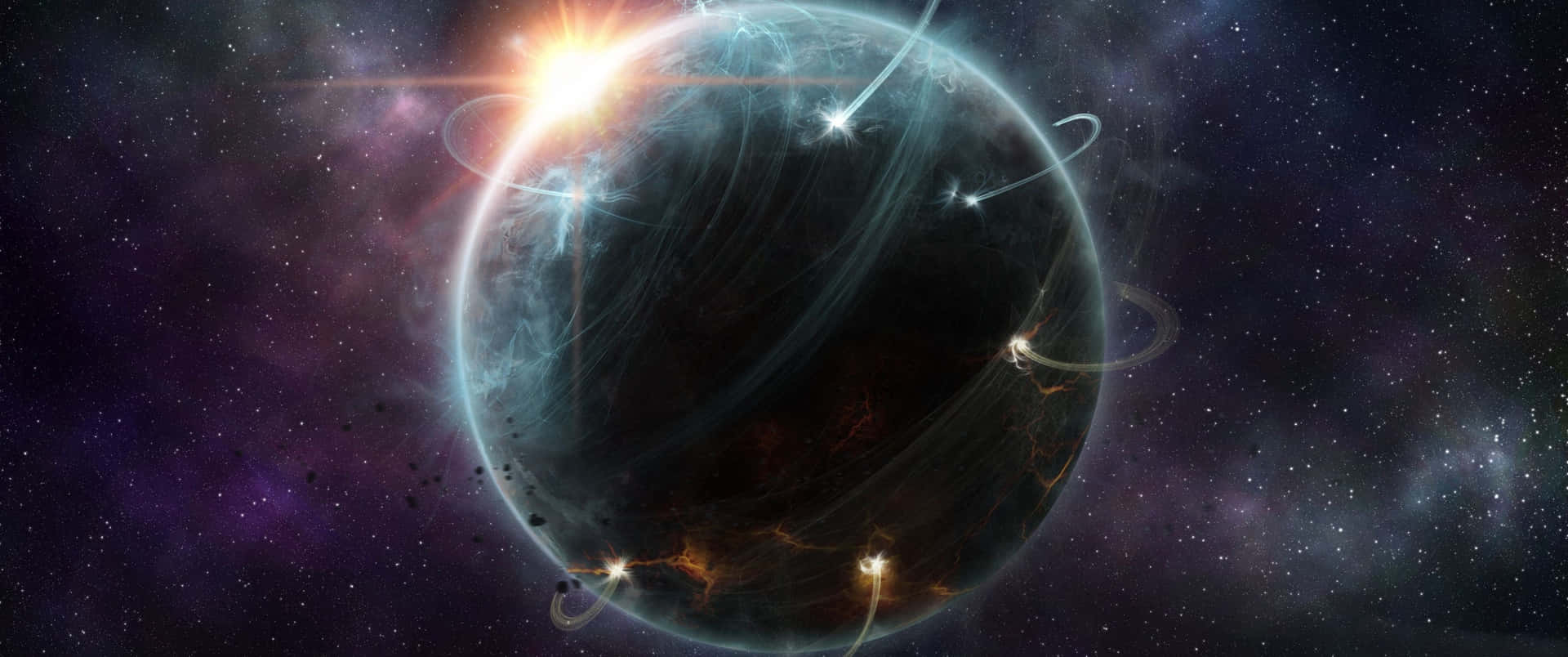 行星動畫 桌布 壁紙 — 一顆發光的行星帶有旋轉的能量環，在星光燦爛的宇宙背景下繞著一顆光芒四射的恆星運行。