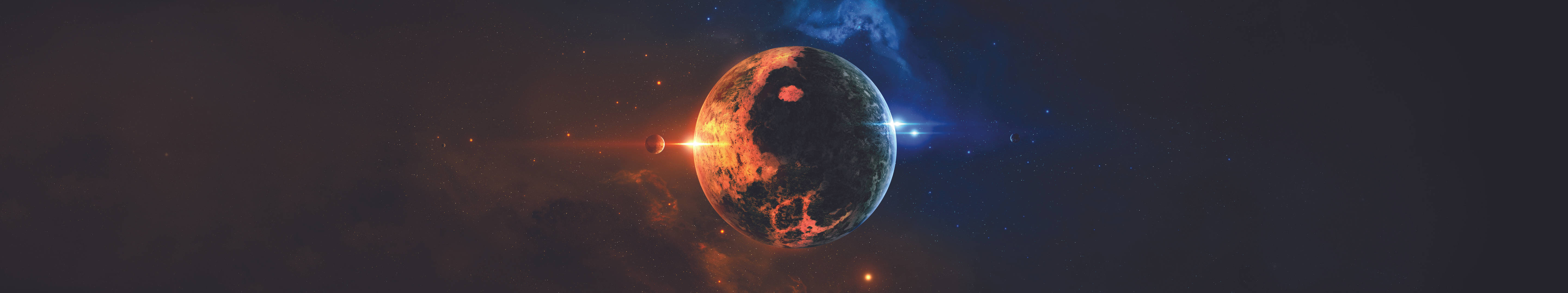 地球 桌布 壁紙 — 一顆發光的行星帶有火熱的橙色和冷藍色色調，在星空宇宙背景中旋轉，並伴有鏡頭光暈。