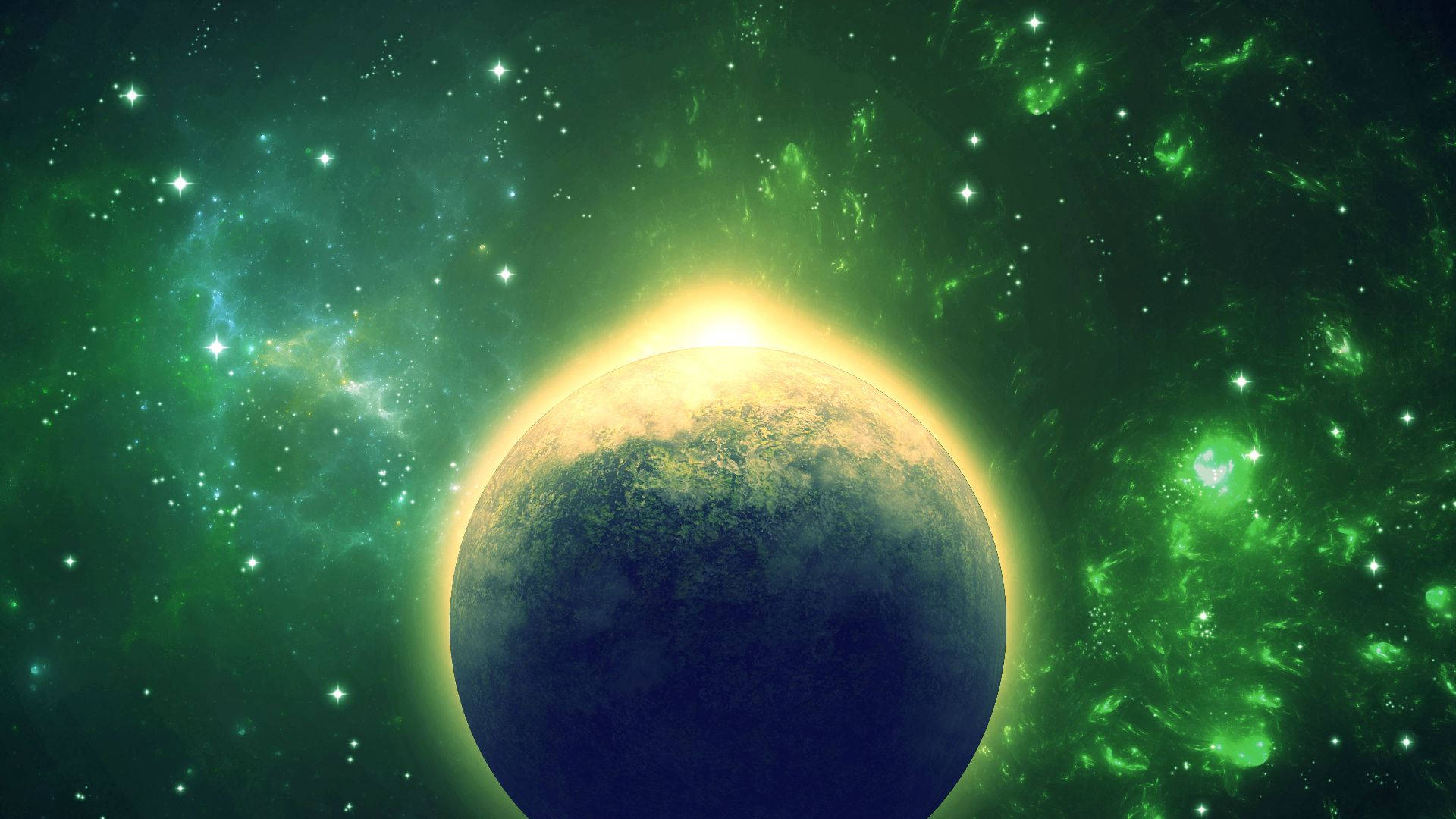 銀河 桌布 壁紙 — 一顆發光的行星帶有金色光環，漂浮在充滿閃爍星星的鮮綠色星雲中。