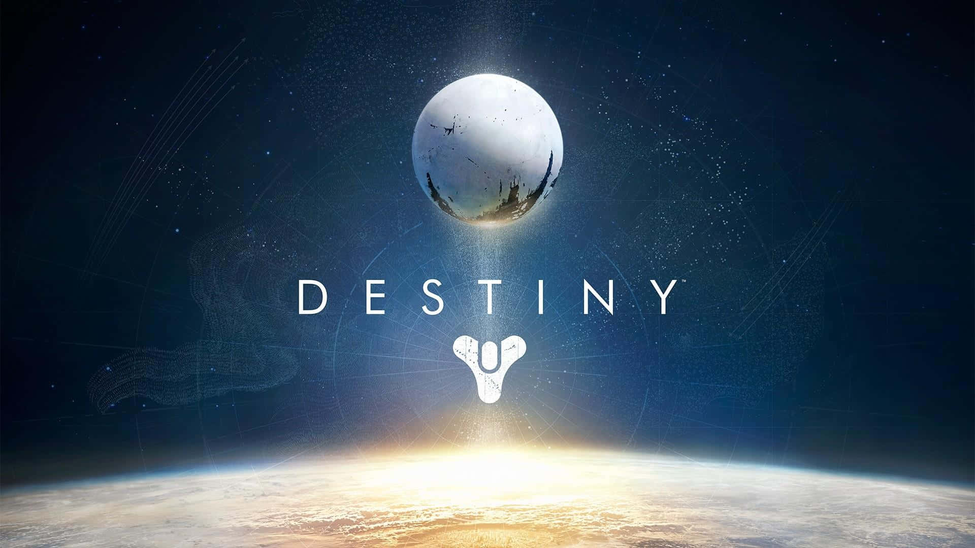 桌布 壁紙 — 一顆發光的行星懸浮在日出地平線上方，中央有 DESTINY 字樣和一個標誌，背景是星空宇宙場景。