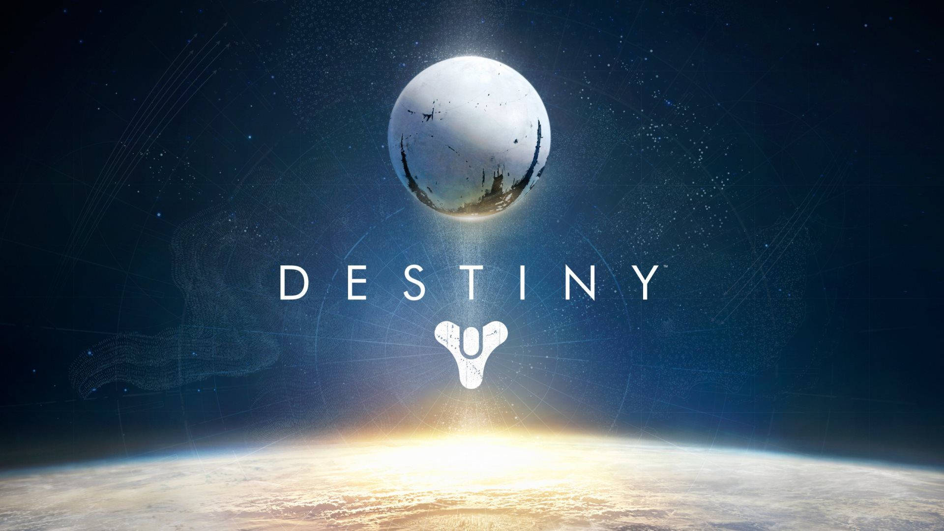 destiny 4K 桌布 壁紙 — 一顆發光的行星懸浮在陽光照耀的地球地平線之上，背景是繁星點點的宇宙，並帶有 DESTINY 字樣及其標誌。