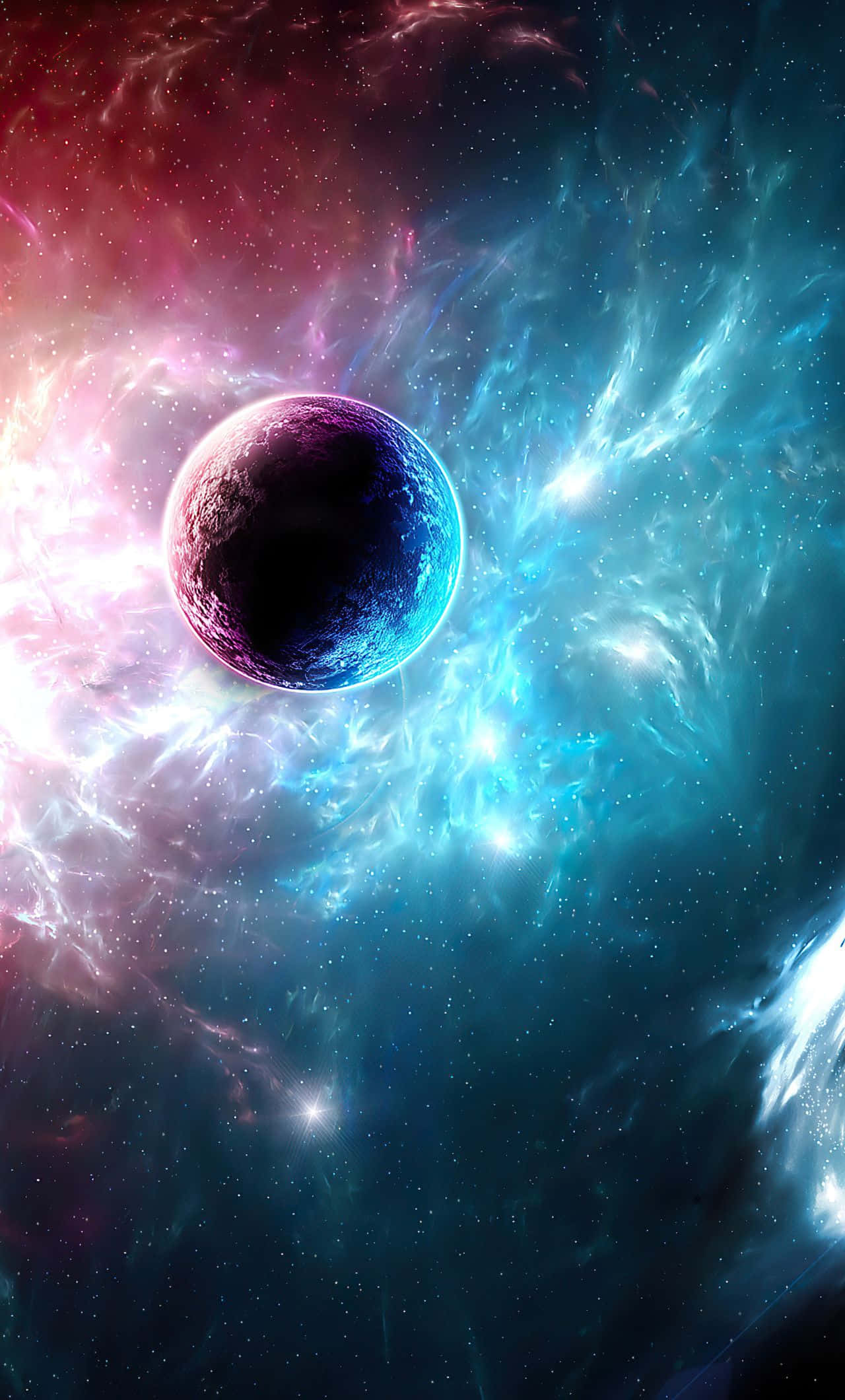 太空電話 桌布 壁紙 — 一顆發光的行星漂浮在充滿恆星的星雲中，周圍環繞著粉紅色和藍綠色的旋轉宇宙雲。