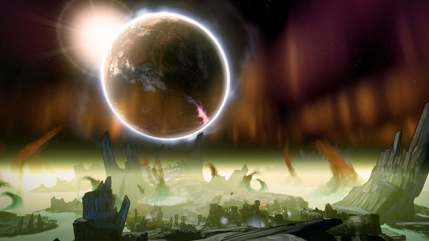 1366x768 Borderlands 3 桌布 壁紙 — 一顆發光的行星遮蔽了一顆明亮的恆星，下方是廢墟般的外星城市景觀，有鋸齒狀的尖塔和發光的綠色薄霧。