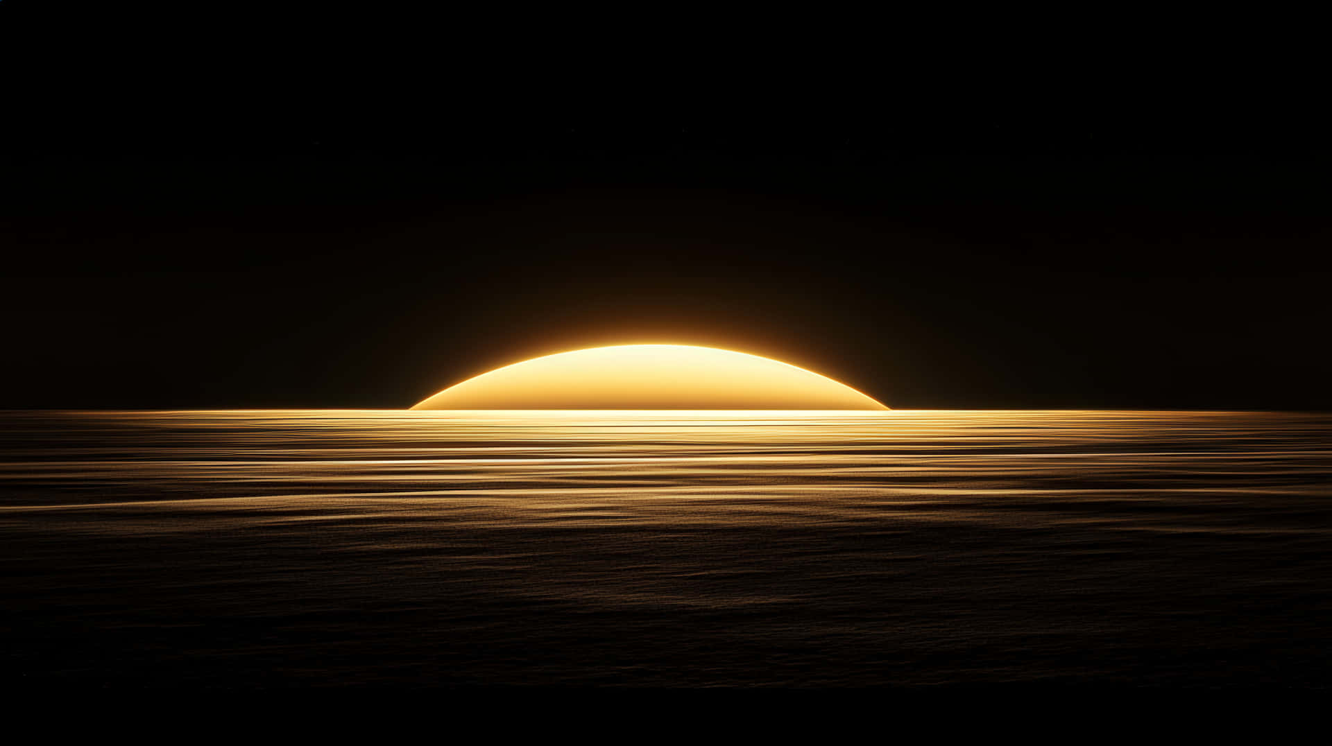 Golden sunrise over a dark surreal landscape 壁紙 — 一顆發光的金色太陽在無星的夜空下，彎曲在平靜的黑暗海洋之上。