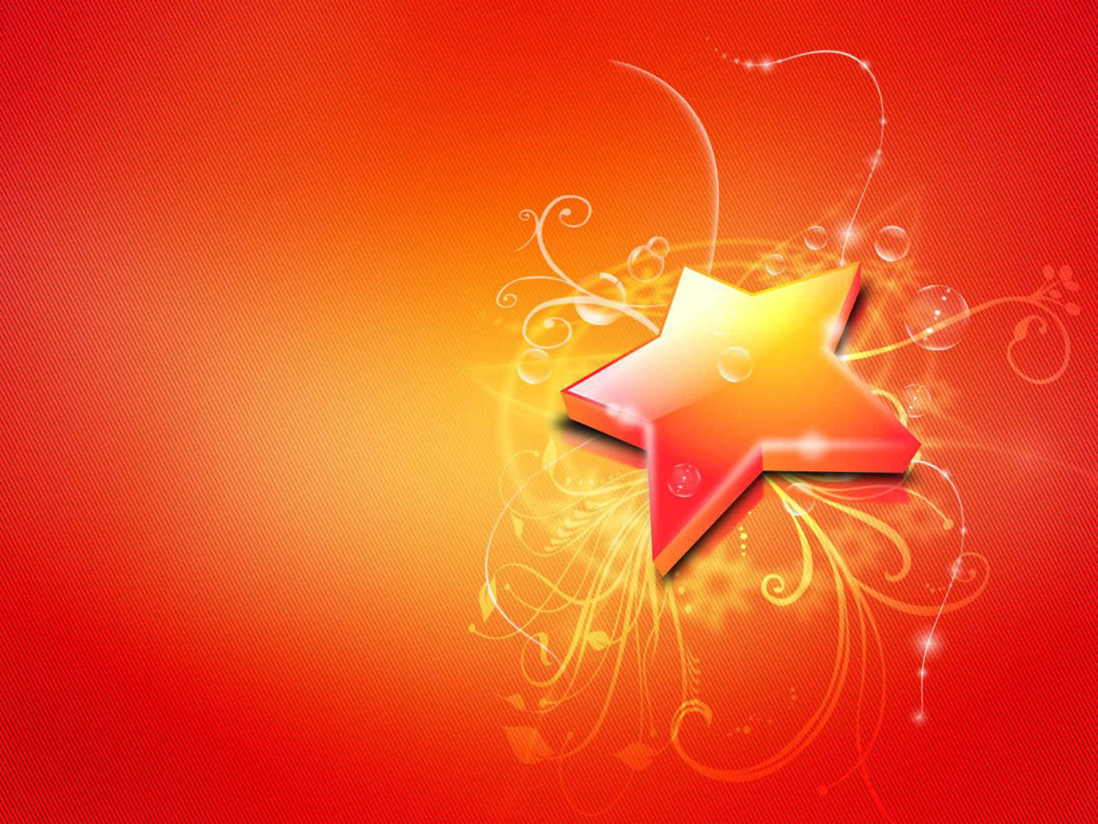 3d Star 桌布 壁紙 — 一顆發光的金色星星，帶有旋轉的花卉圖案和氣泡，在鮮豔的紅到橙漸變背景上散發光芒。