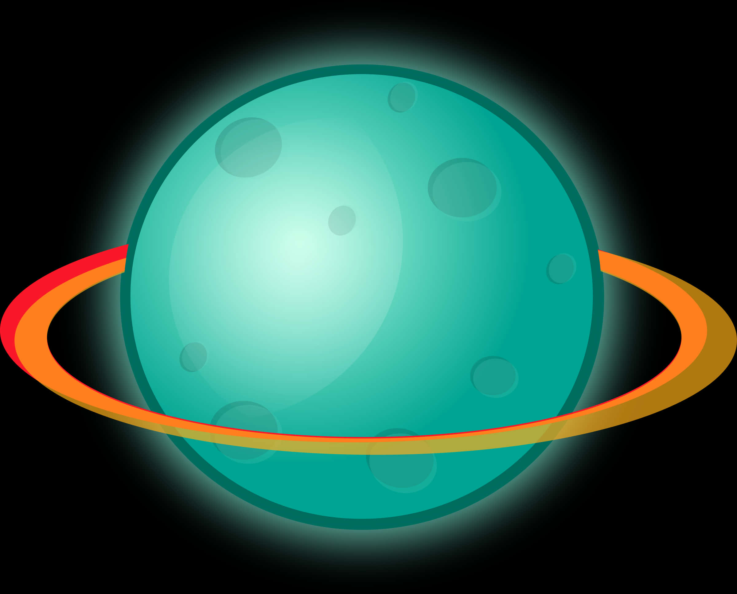 Ringed Planet 桌布 壁紙 — 一顆發光的青綠色行星，帶有橙色和紅色的環，在黑暗的宇宙背景下運行。