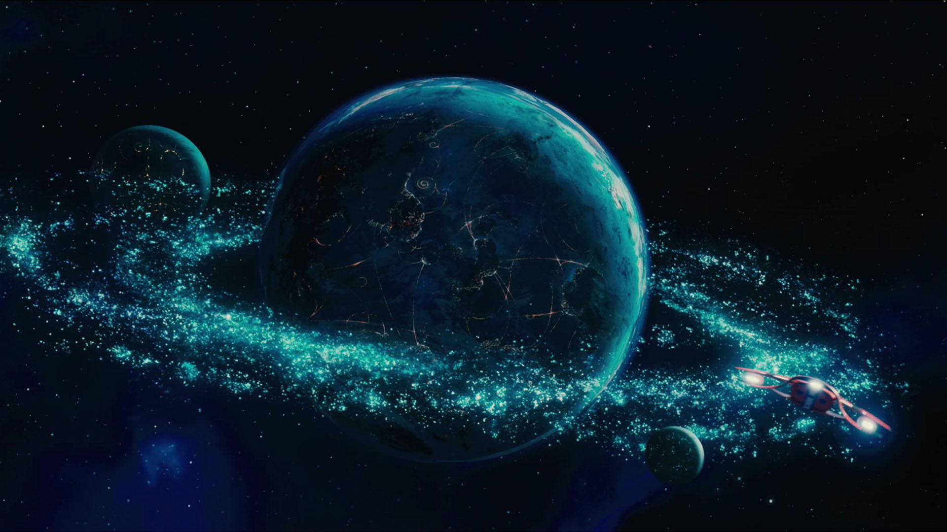 World Globe 桌布 壁紙 — 一顆發光的青綠色行星，帶有閃閃發光的環系統，一艘太空船在深空中飛過。