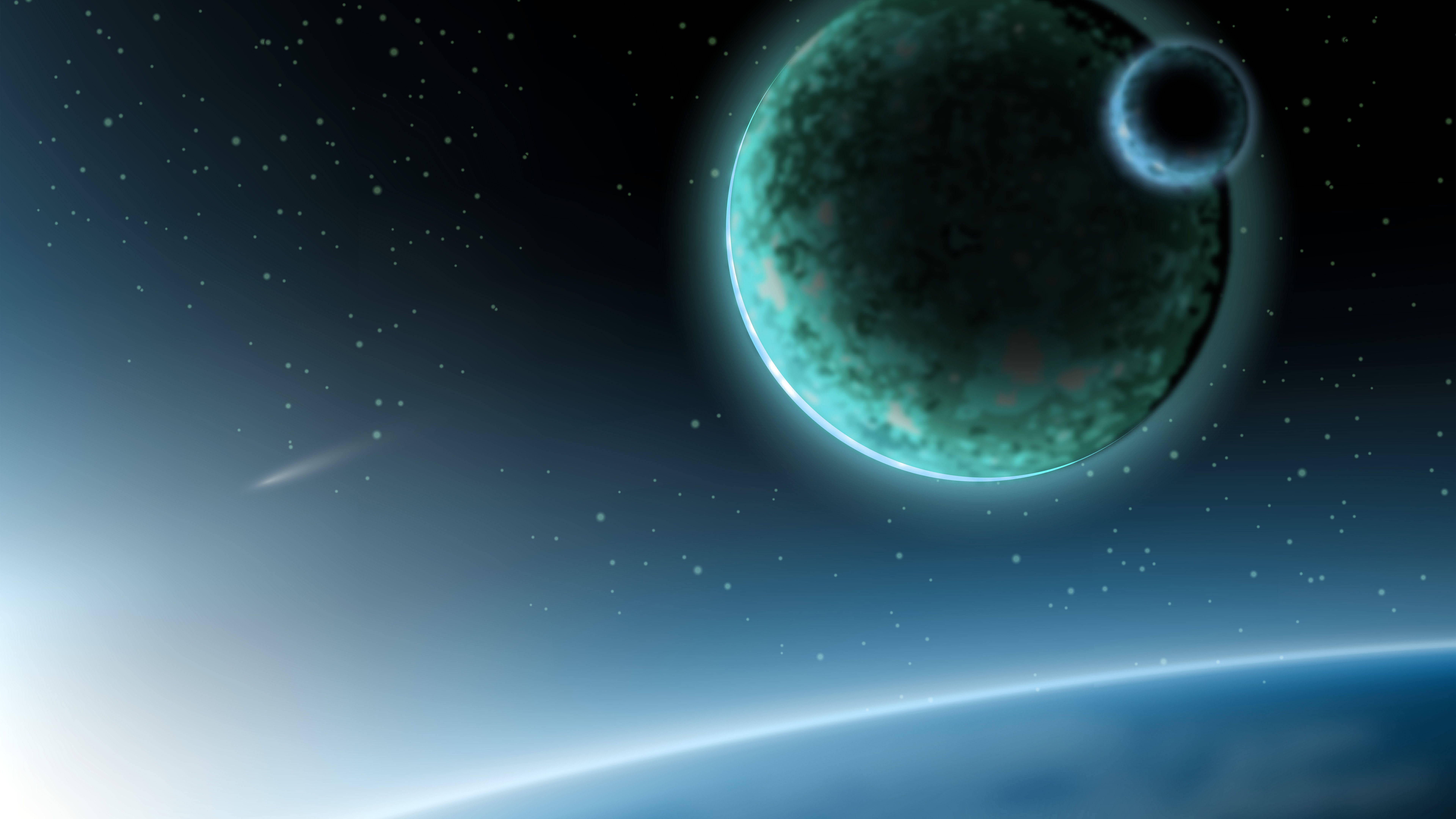 桌布 壁紙 — 一顆發光的青綠色行星和一顆黑暗的衛星在彎曲的藍色地平線上方環繞星空。