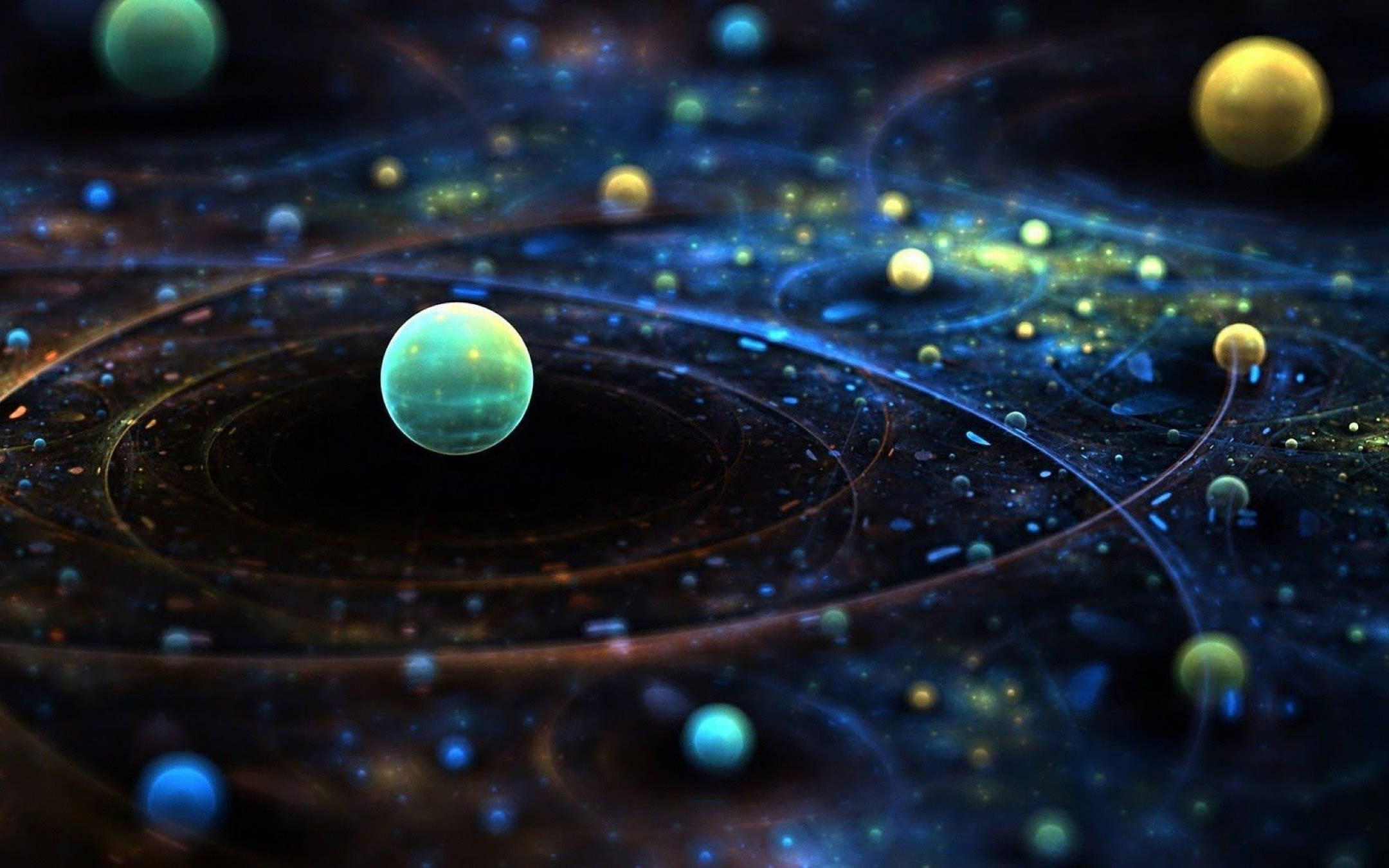 多重宇宙 桌布 壁紙 — 一顆發光的青綠色行星在充滿金色和藍色球體以及發光粒子的旋轉宇宙星雲中運行。