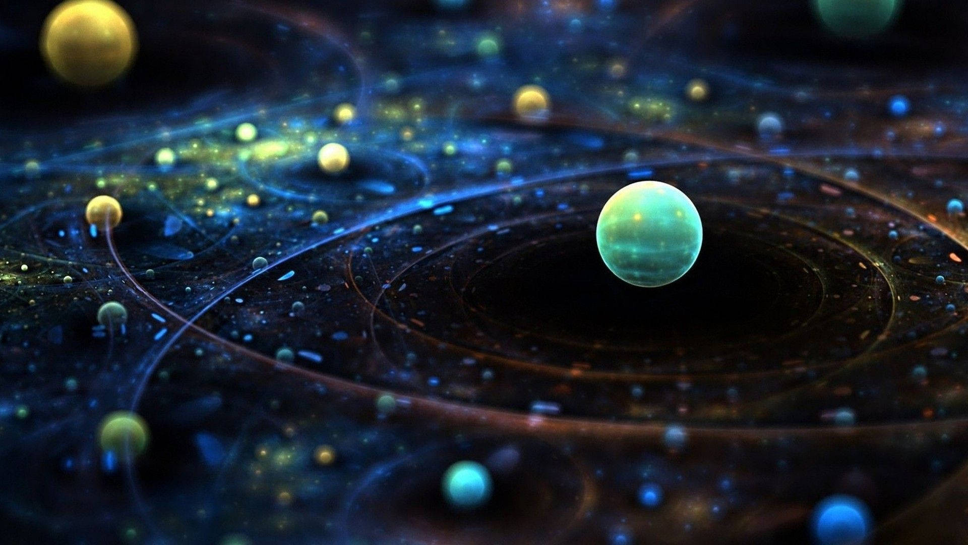 Stars 桌布 壁紙 — 一顆發光的青綠色行星在深空場景中，環繞著旋轉的宇宙環和散落的金色球體運行。