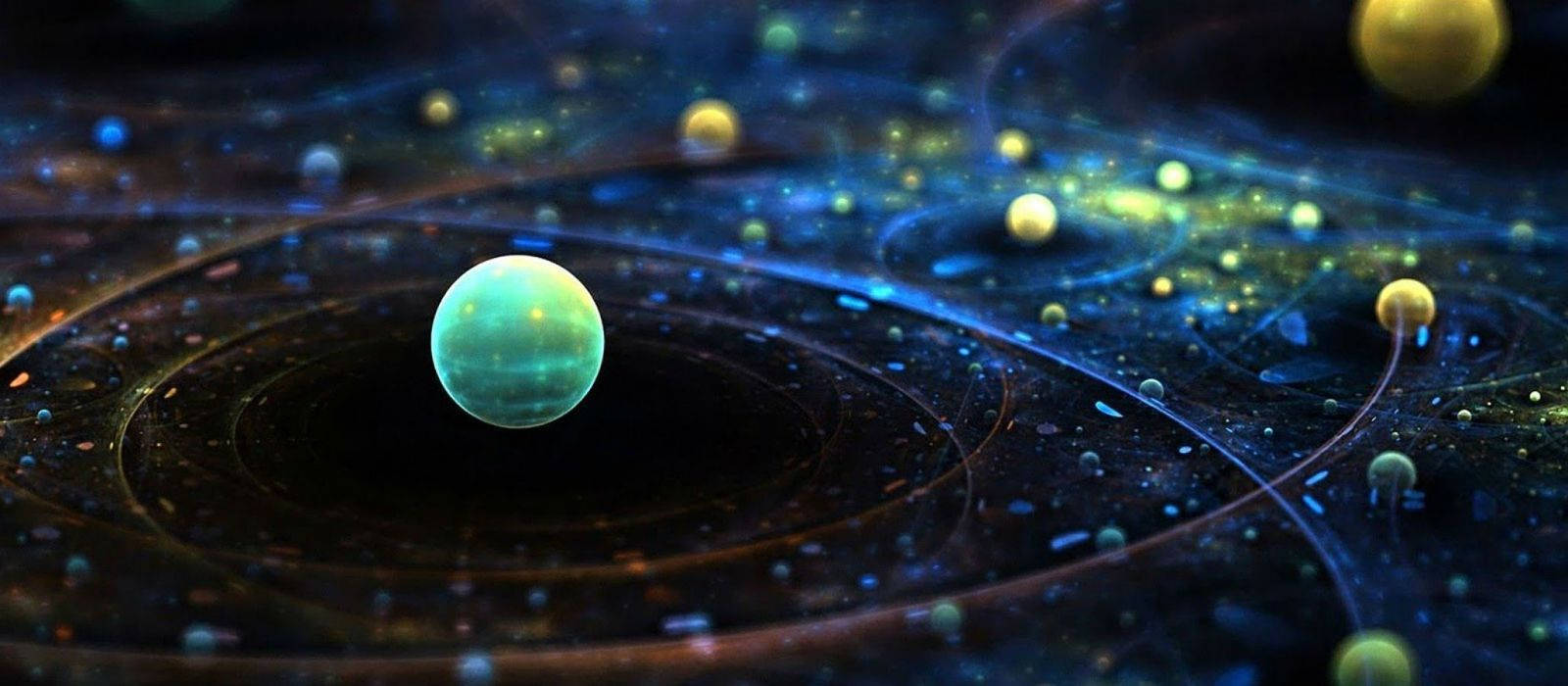 科學 桌布 壁紙 — 一顆發光的青綠色行星在深藍色星空中，繞著旋轉的宇宙環和散落的金色球體運行。