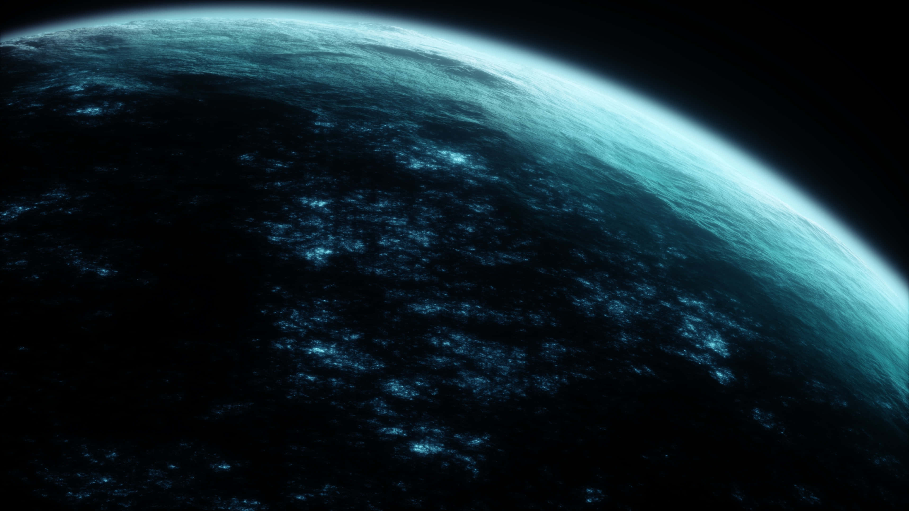 Black Space 桌布 壁紙 — 一顆發光的青綠色行星在黑色虛空中彎曲，表面散佈著明亮的斑點。