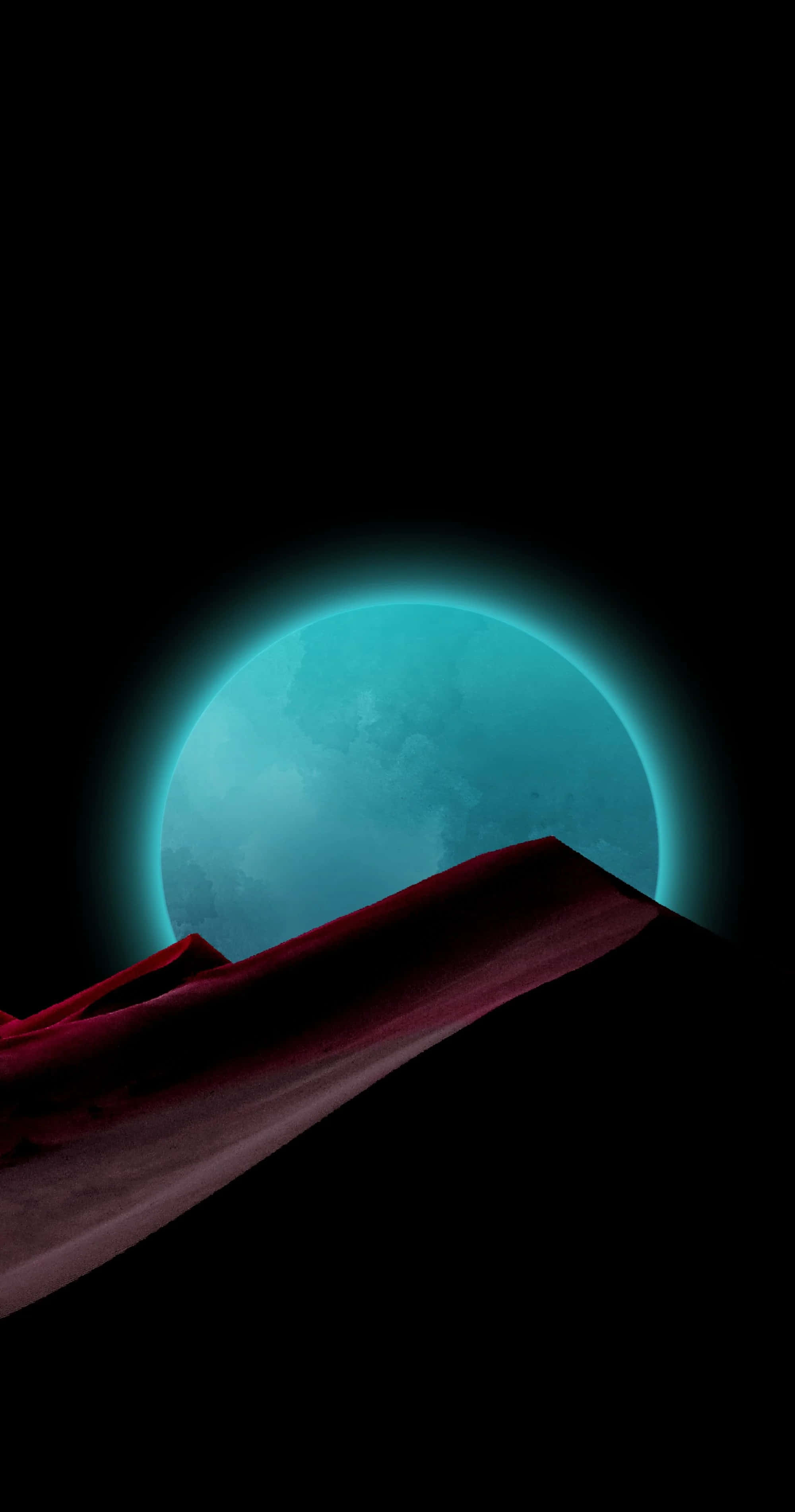 Best Amoled 桌布 壁紙 — 一顆發光的青色行星在鋸齒狀的紅色山脊後方升起，背景是黑色虛空。