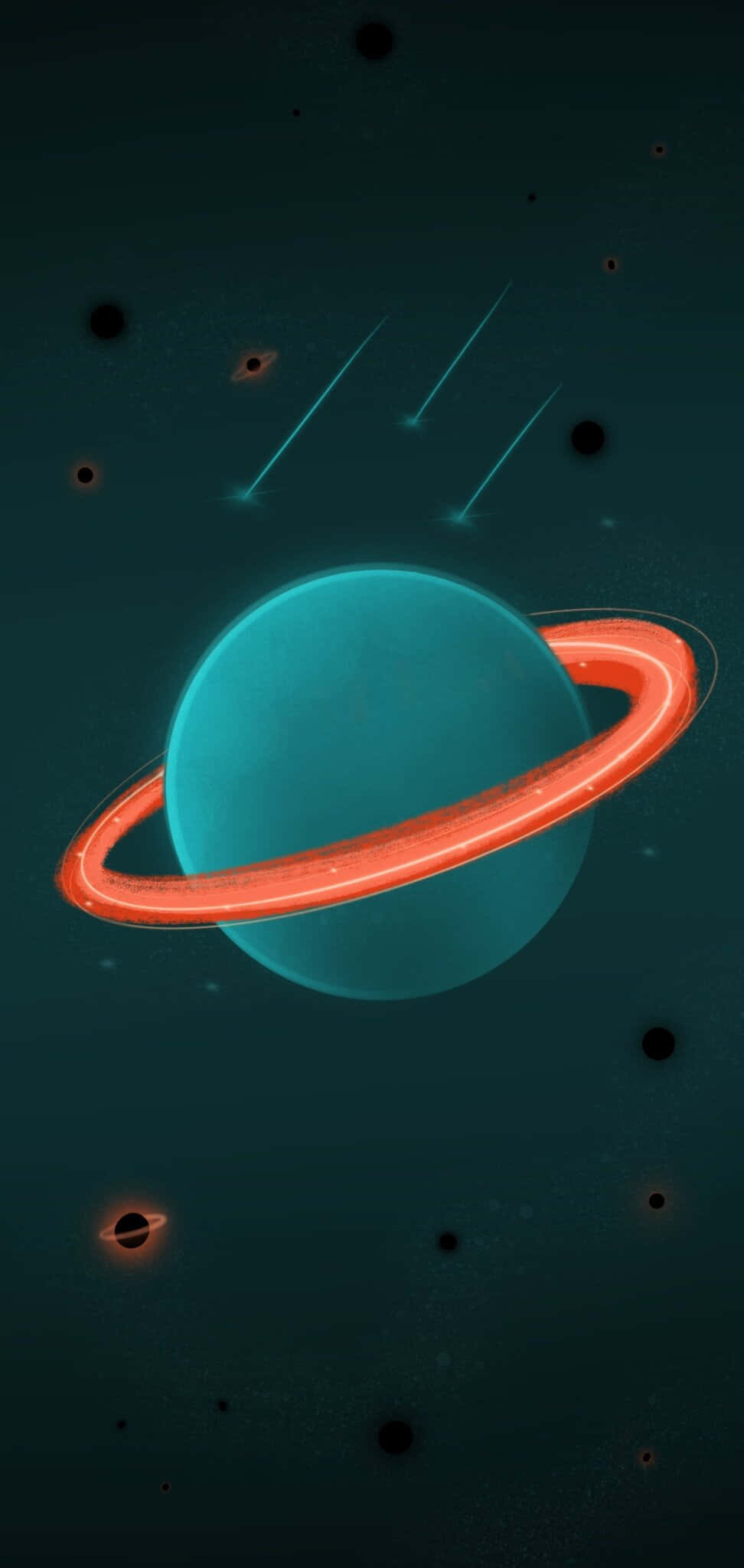 Galaxy Note 桌布 壁紙 — 一顆發光的青色行星帶有鮮豔的紅色環，在黑暗的太空中運行，伴隨著條紋狀的藍綠色流星和遠處發光的球體。