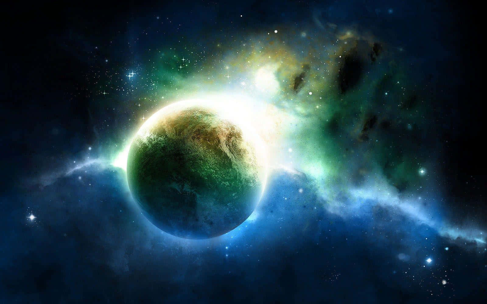 史詩 桌布 壁紙 — 一顆發出綠光和藍光的行星在充滿恆星和宇宙塵埃的 vibrant 星雲中運行。