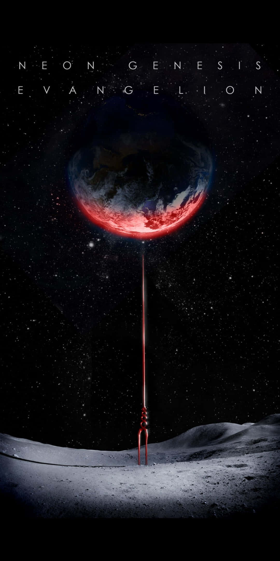 evangelion 4K 桌布 壁紙 — 一顆發紅光的地球懸掛在太空中，下方是荒蕪的月球表面，一座高聳的紅色尖塔刺穿地面。