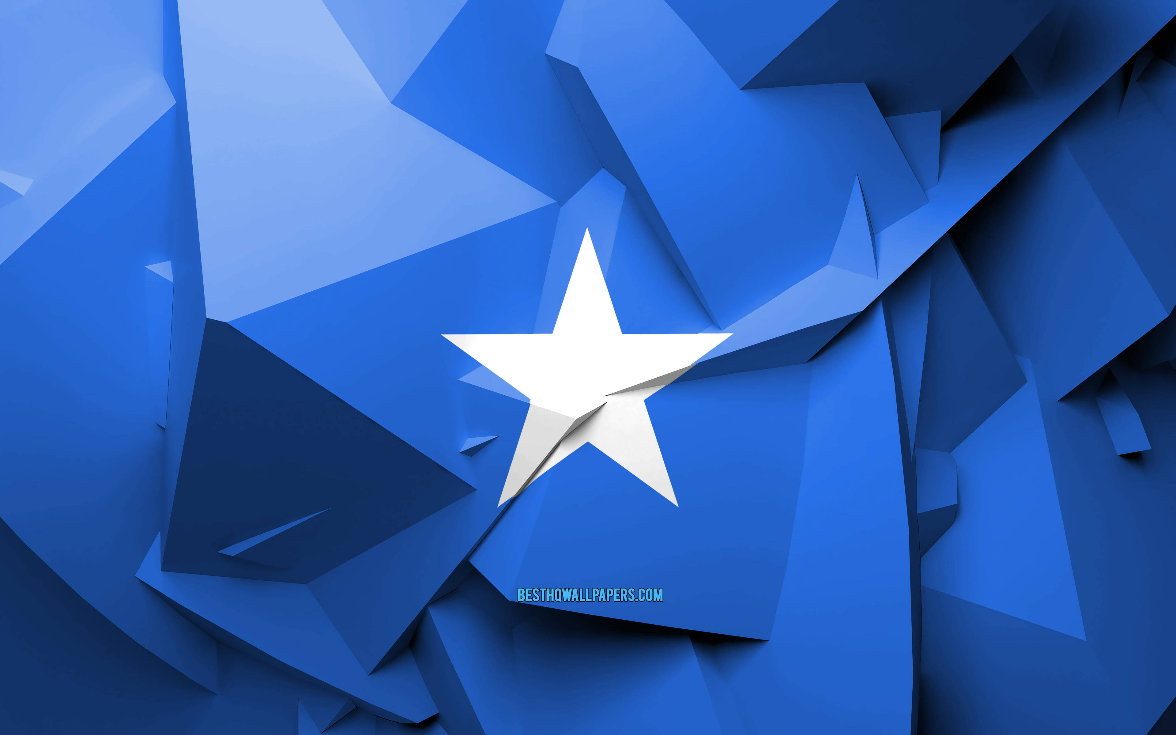 Somalia 桌布 壁紙 — 一顆白色星星在動態藍色幾何圖案的中心閃耀，帶有銳利的切面和深邃的陰影。