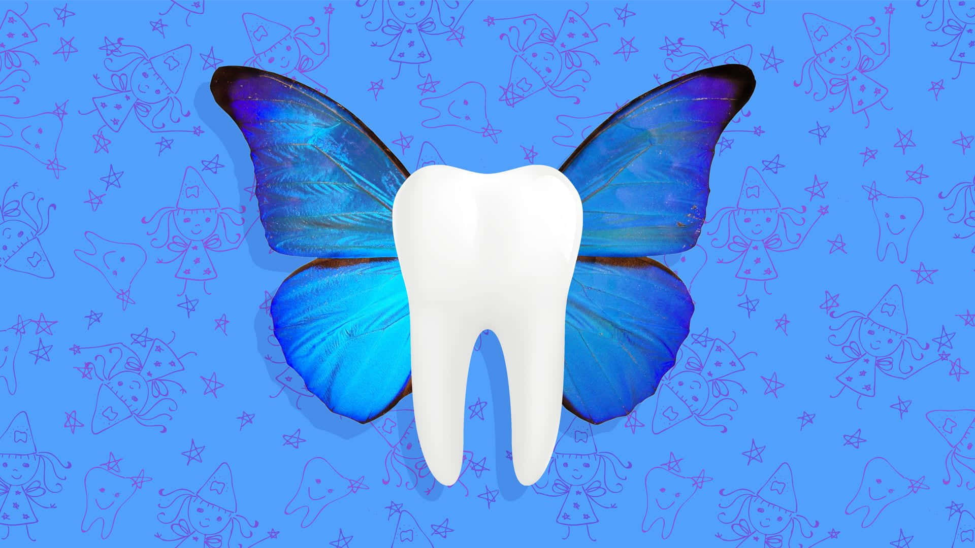 Tooth Fairy 桌布 壁紙 — 一顆白色的牙齒帶有鮮豔的藍色蝴蝶翅膀，置於藍色背景中央，背景上有俏皮的牙齒和女孩輪廓。
