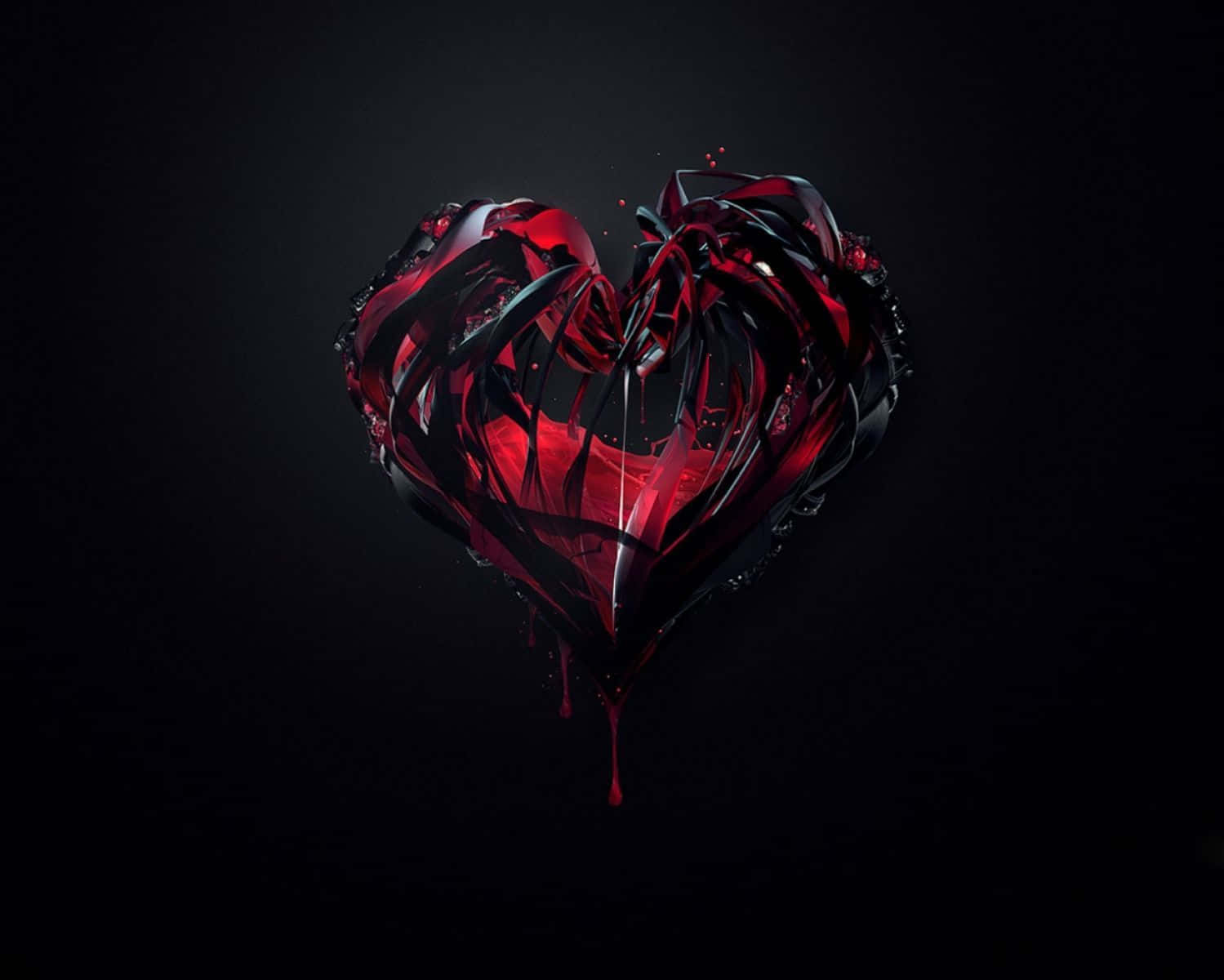 3d Heart 桌布 壁紙 — 一顆破碎的深紅色心臟，滴著液體，邊緣參差不齊，在黑色虛空中發光。
