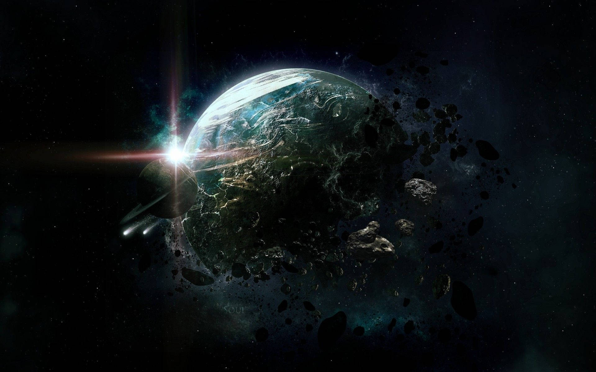 太陽系 桌布 壁紙 — 一顆破碎的行星帶有發光的藍色裂縫，在太空中漂流，周圍環繞著小行星和明亮的星爆。