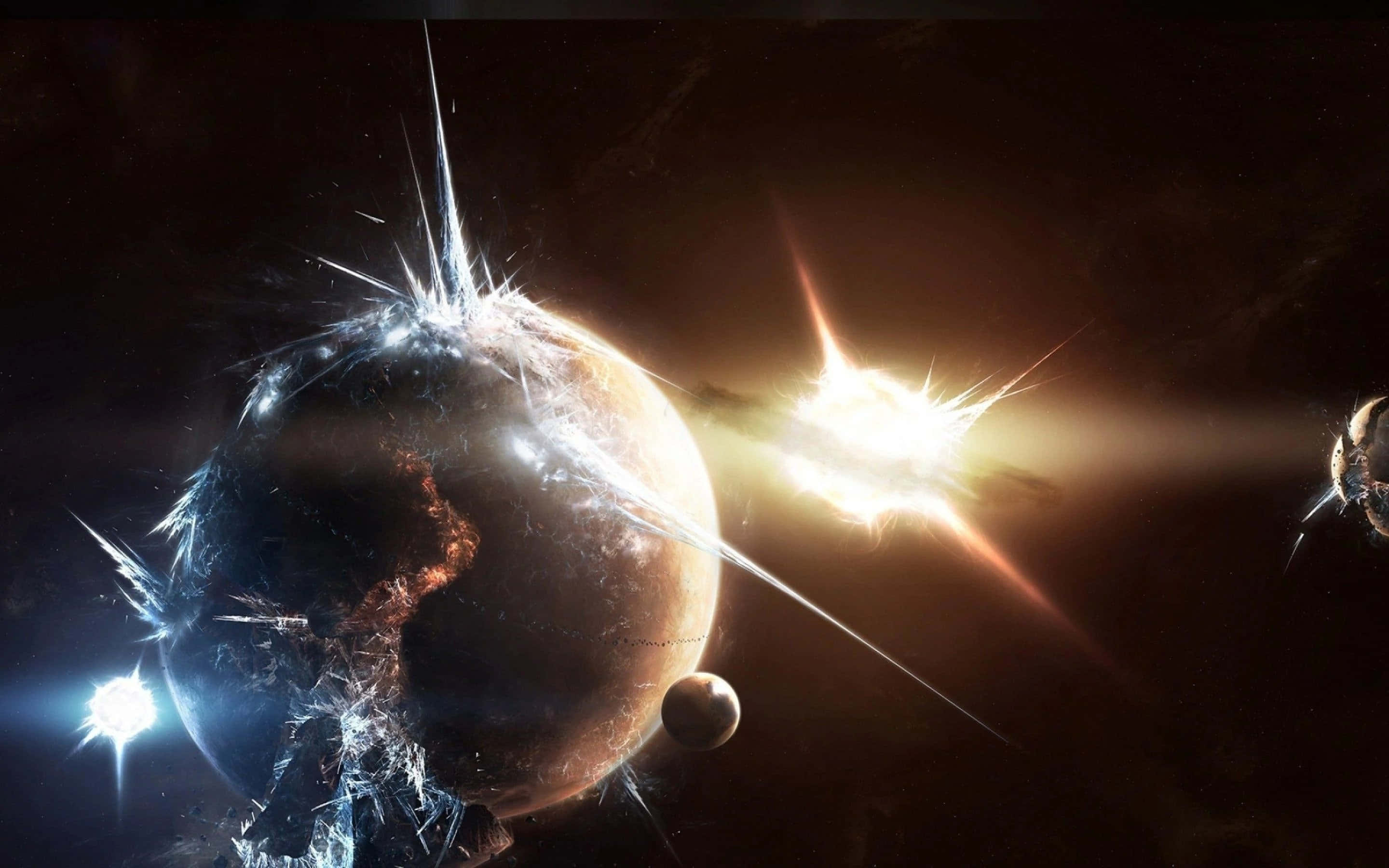酷炫太空 桌布 壁紙 — 一顆破碎的行星帶有發光的裂縫漂浮在太空中，明亮的恆星爆炸照亮了宇宙虛空。