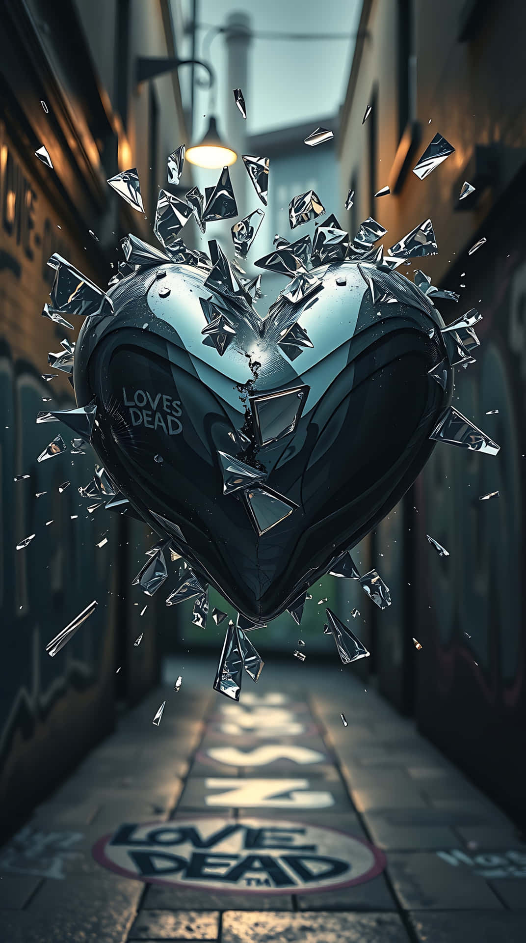 Shattered Chrome Heart – Urban Breakup Vibes 40-2 壁紙 — 一顆破碎的金屬心臟在塗鴉小巷中漂浮，玻璃碎片在一盞街燈下向外爆炸。