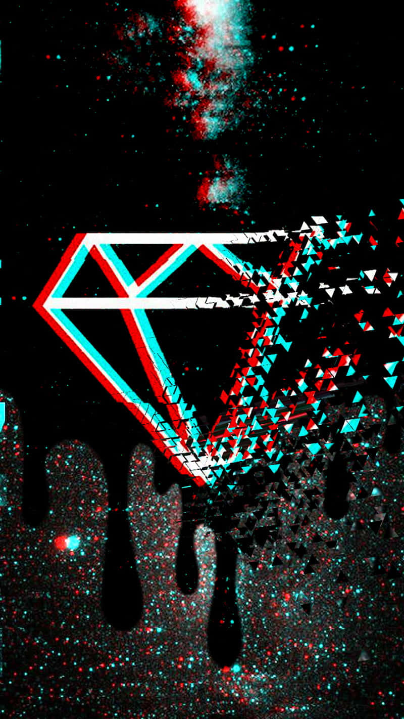 Glitch Effect 桌布 壁紙 — 一顆破碎的鑽石，帶有紅色和青色的故障效果，在星空黑色背景上滴落。