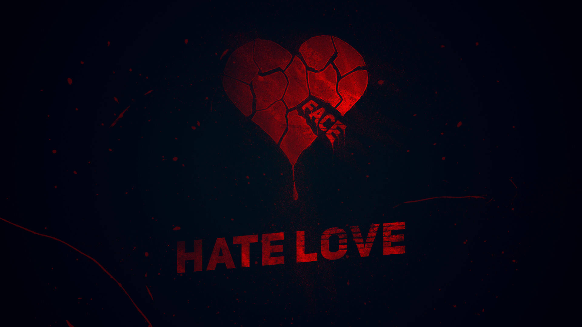 hate 桌布 壁紙 — 一顆破裂的紅色心臟在黑暗背景上滴血，並以粗體紅色文字顯示 hate love。