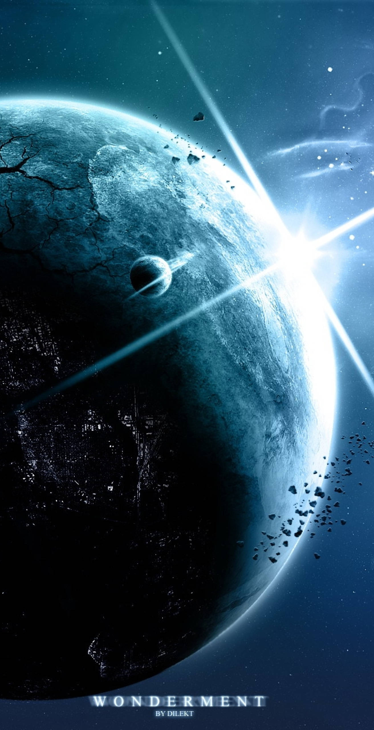 太空 桌布 壁紙 — 一顆破裂的藍色行星，帶有發光的太陽爆發和漂浮在深空中的碎片。