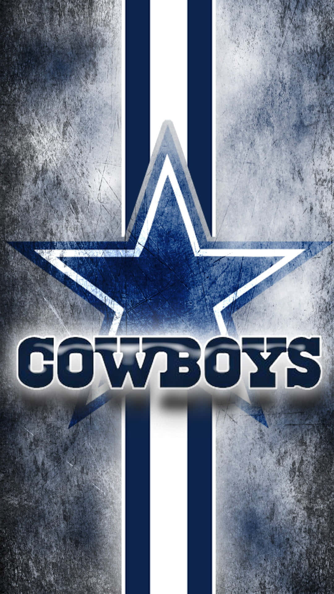 牛仔 桌布 壁紙 — 一顆磨損的藍色星星和「COWBOYS」文字，位於帶有垂直藍白條紋的陳舊灰色背景上。