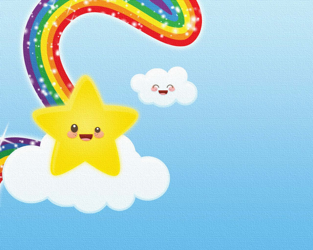 Kawaii Rainbow 桌布 壁紙 — 一顆笑臉的快樂黃星坐在蓬鬆的雲朵上，下方是閃爍的彩虹，背景是柔和的藍天。