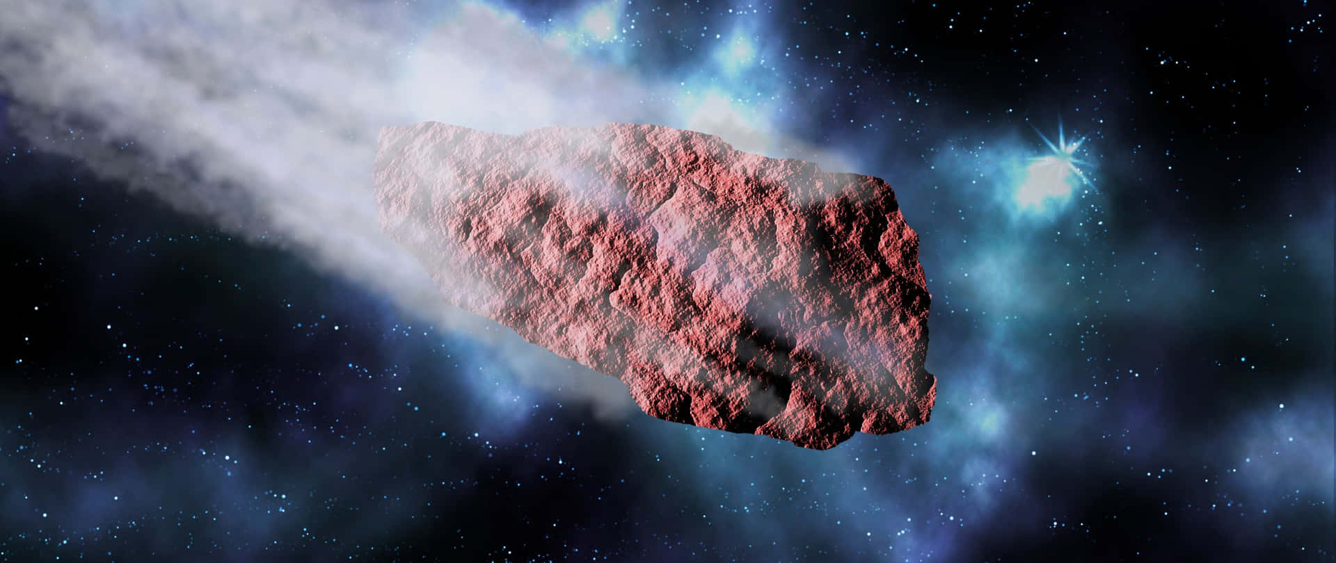 一顆岩石小行星在深空中漂浮，附近有發光的星雲和明亮的恆星。 — 2560x1080 動態桌布 壁紙