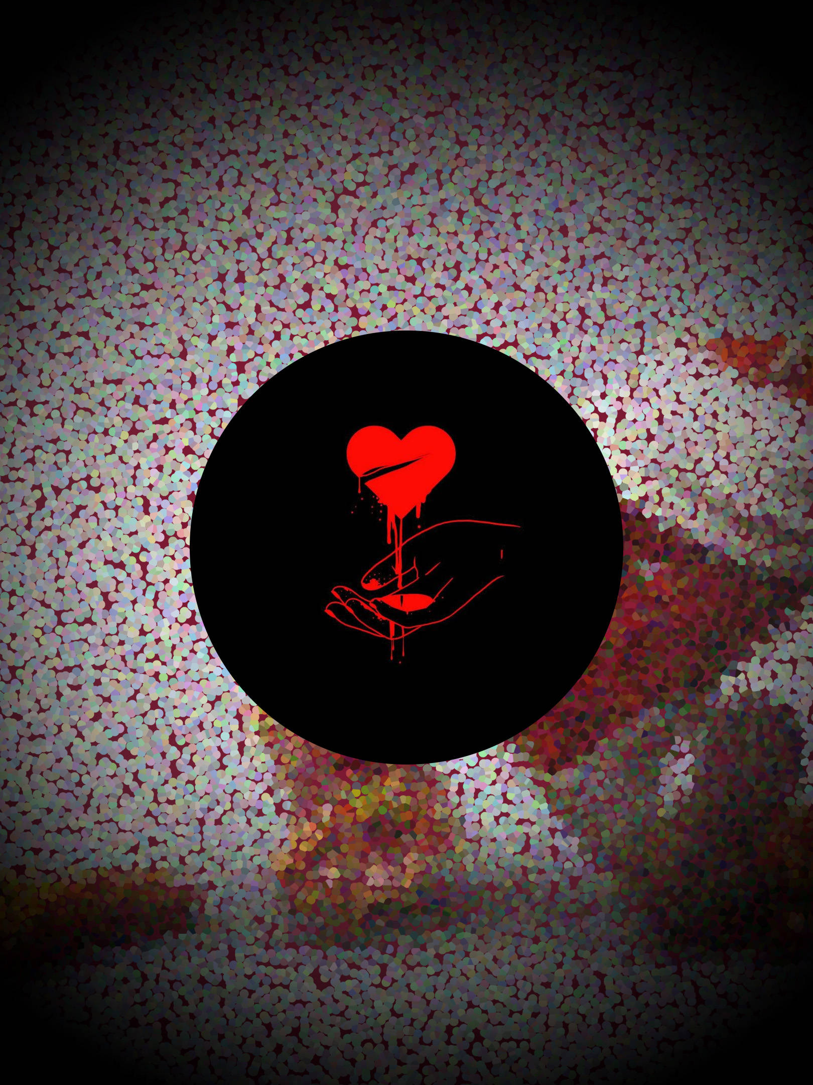 No Love 桌布 壁紙 — 一顆紅心從張開的手滴落，背景是黑色圓圈和斑駁多彩的背景。