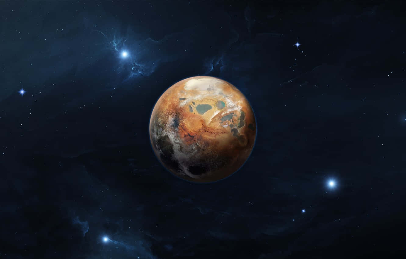 Star Wars Space 桌布 壁紙 — 一顆紅褐色、帶有旋轉雲層的行星，漂浮在星光燦爛的宇宙虛空中，被遙遠的藍色恆星照亮。