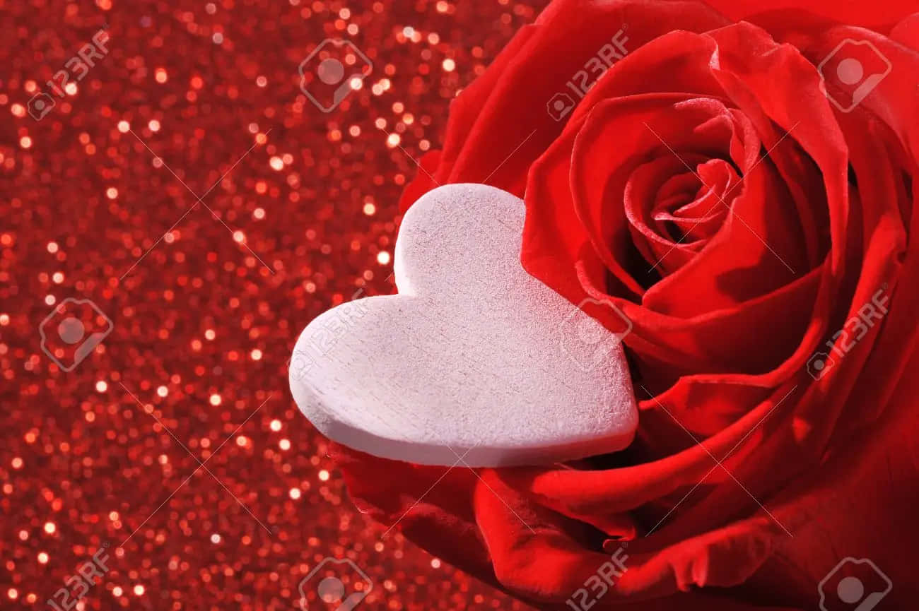 Glitter Pink Hearts 桌布 壁紙 — 一顆純白心形糖糖果靠在絲絨紅玫瑰上，背景是閃爍的紅色亮粉。