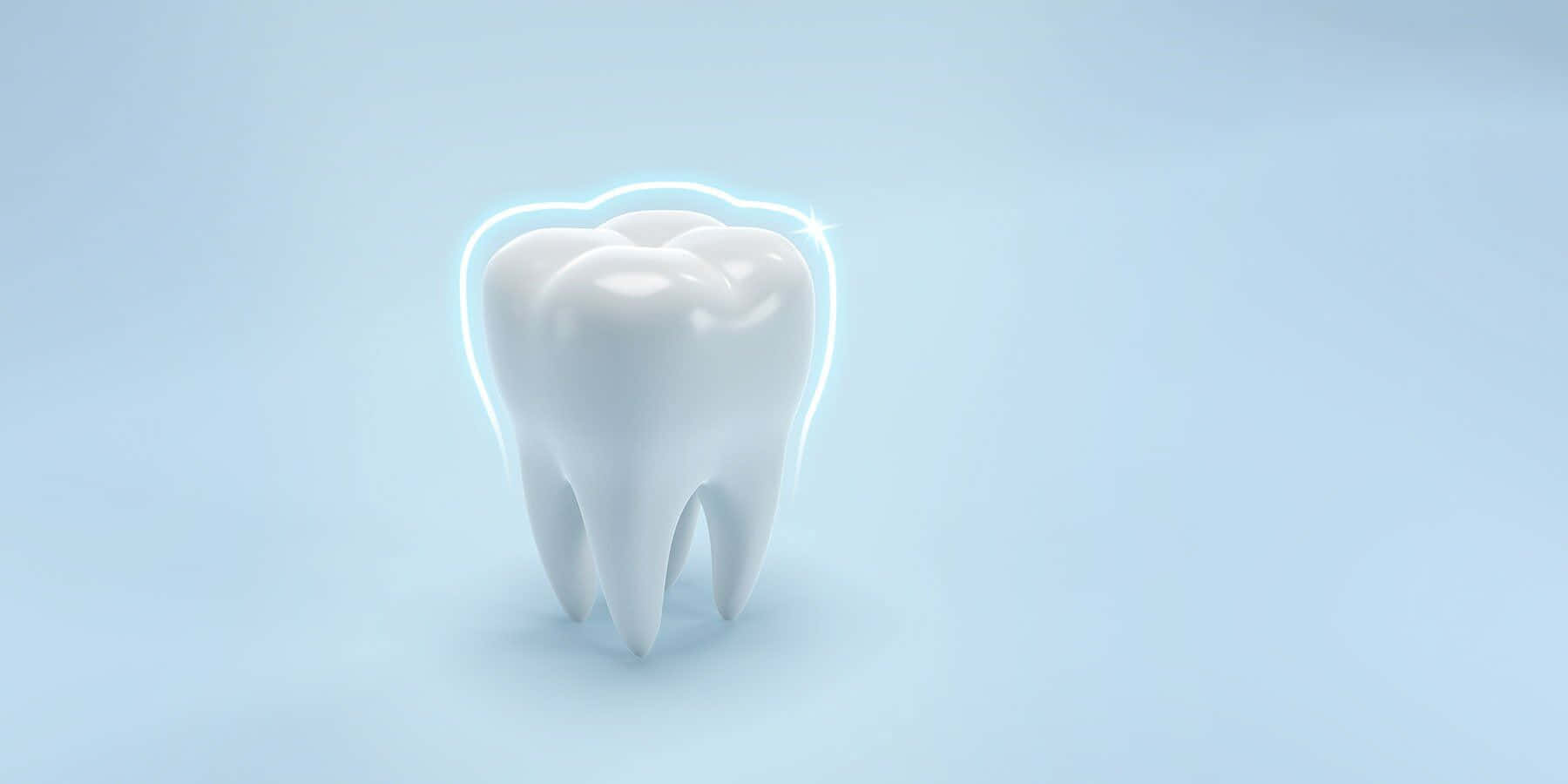 Tooth 桌布 壁紙 — 一顆純白色的3D渲染牙齒在淺藍色漸變背景上散發著柔和的藍色光暈。