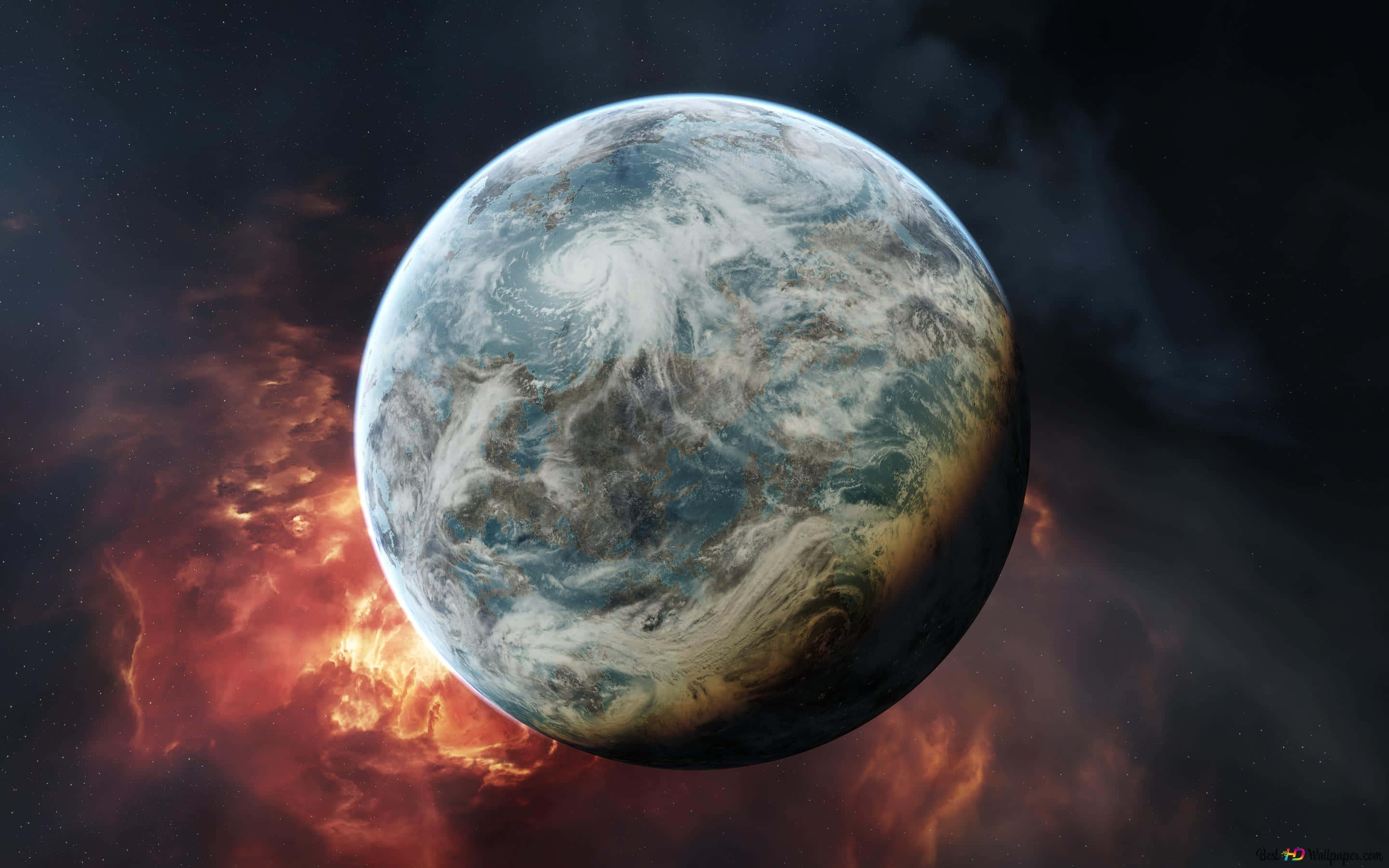 地球 桌布 壁紙 — 一顆細節豐富的行星，帶有旋轉的雲層和陸地，漂浮在深空熾熱星雲背景前。