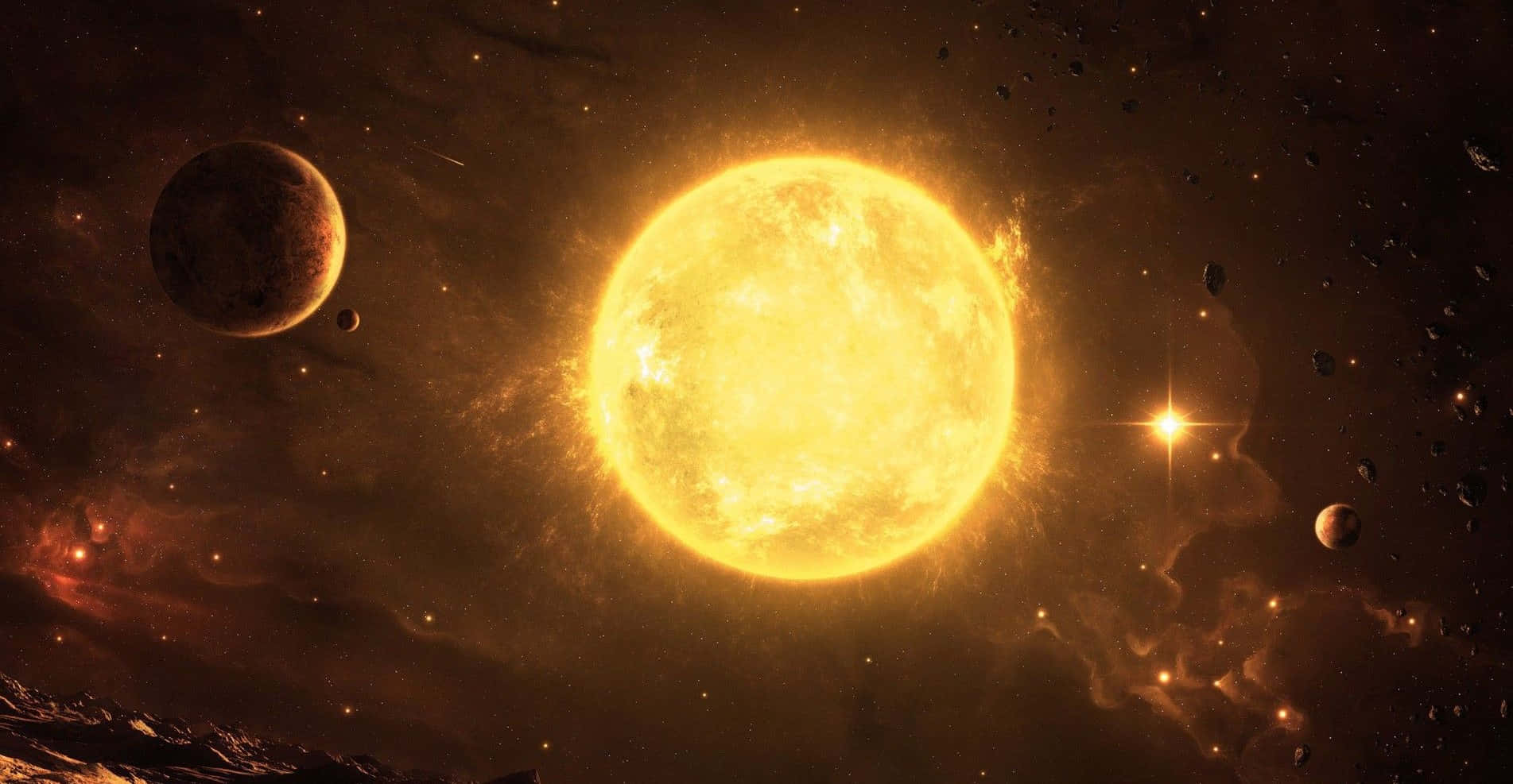 太陽系 桌布 壁紙 — 一顆耀眼的金色太陽主宰著宇宙場景，周圍有環繞的行星和發光的星雲，背景是繁星點點的虛空。