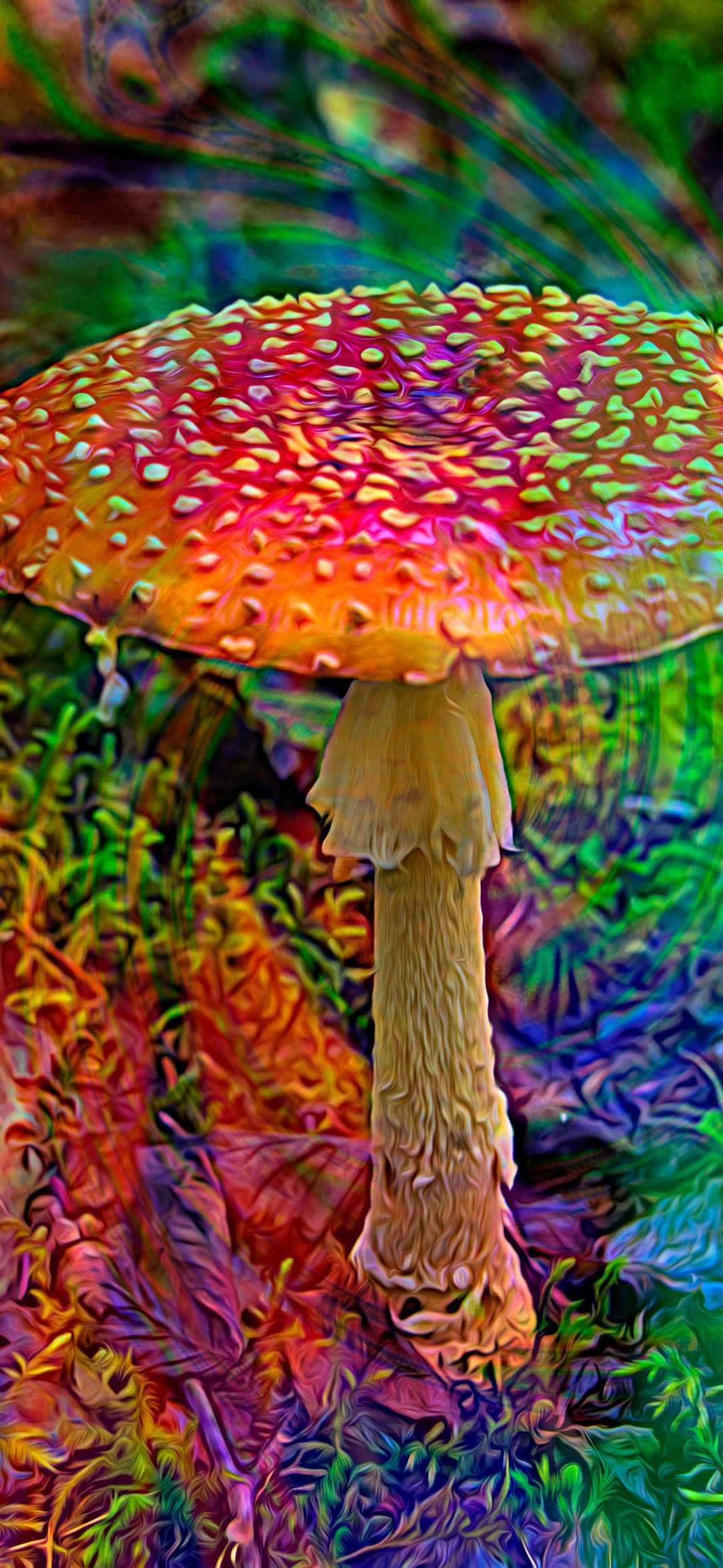 1080x2340 桌布 壁紙 — 一顆色彩鮮豔的蘑菇，紅色菌蓋上有綠色斑點，高高聳立在超現實霓虹色調的迷幻森林地面上。