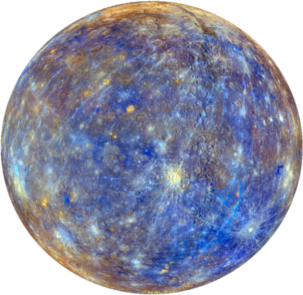 Mercury 桌布 壁紙 — 一顆色彩鮮豔的行星，表面有藍色和金色的色調，佈滿隕石坑，背景是黑色虛空。