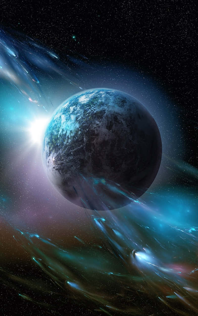 800x1280 桌布 壁紙 — 一顆莊嚴的藍色行星，帶著旋轉的雲層，靜靜地漂浮在一個充滿活力的宇宙星雲中，散發著藍綠色和紫羅蘭色的光芒。