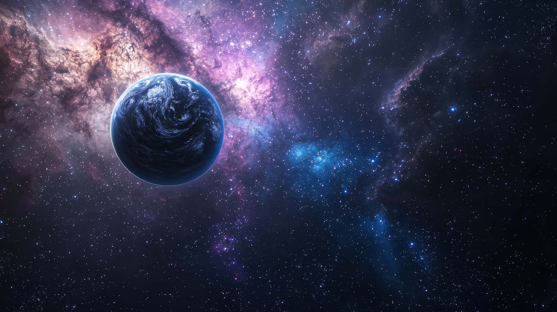 Mysterious Deep Blue Exoplanet Floating in a Cosmic Nebula 壁紙 — 一顆藍色行星帶著旋轉的雲層，漂浮在充滿紫色和藍色光芒的活躍宇宙星雲中。
