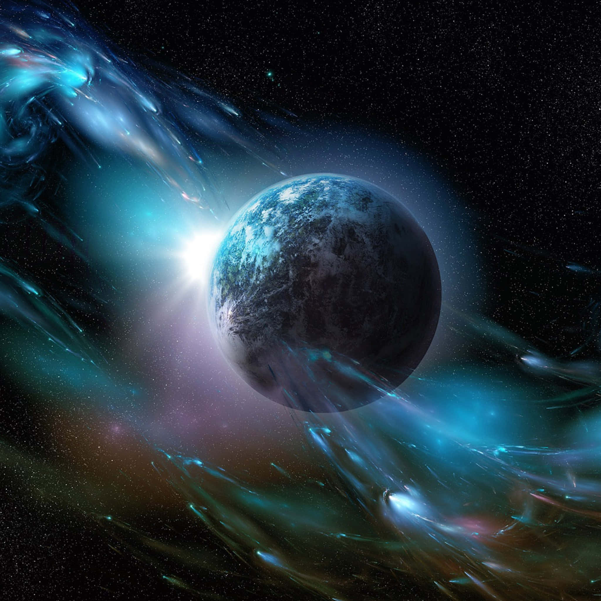 酷炫太空 桌布 壁紙 — 一顆藍色行星帶著旋轉的雲層，漂浮在充滿活力的宇宙星雲中，星雲在繁星點點的虛空中閃耀著藍綠色和紫色的色調。