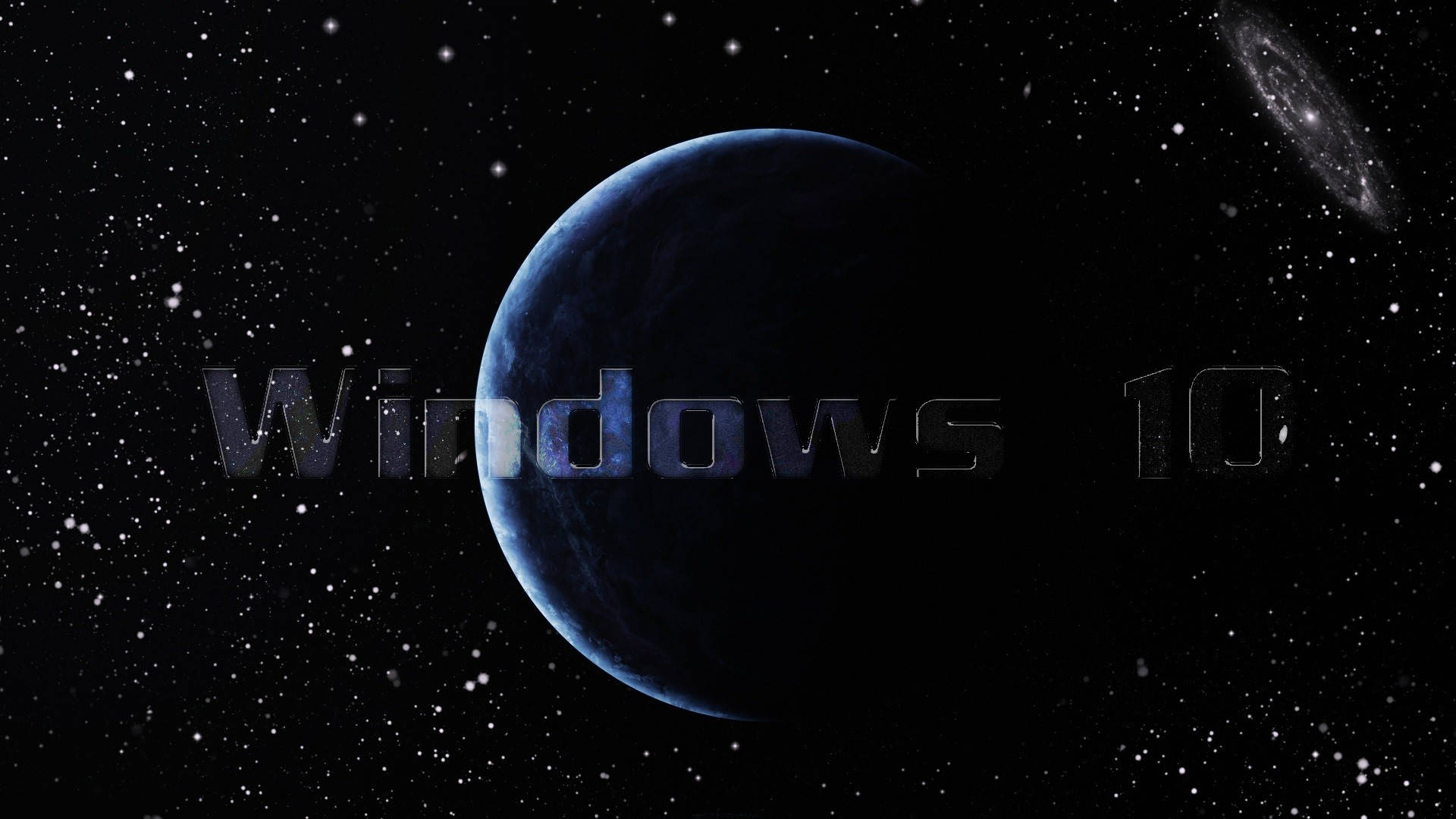 黑色 Windows 10 桌布 壁紙 — 一顆藍色行星漂浮在星空之中，並在遙遠星系上疊加 'Windows 10' 文字。