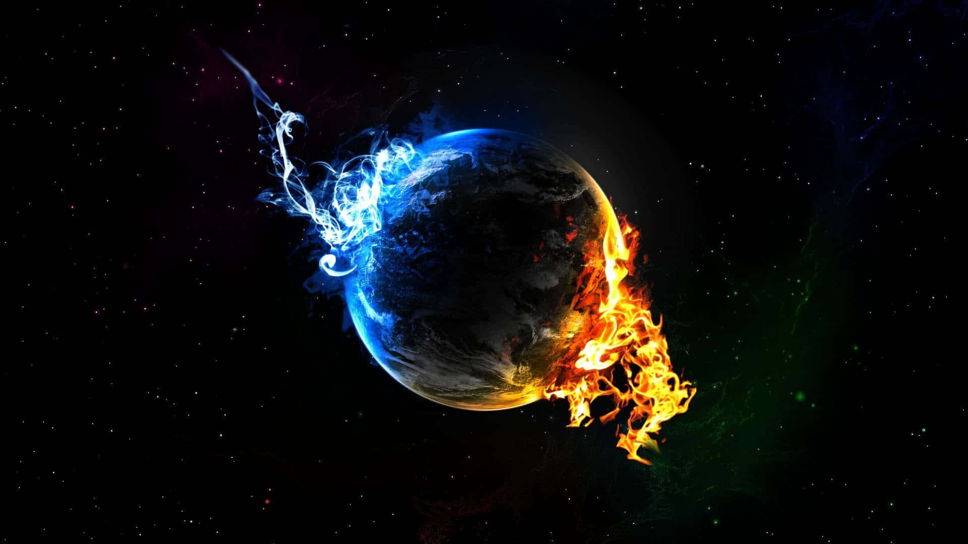 火焰動畫 桌布 壁紙 — 一顆行星一分為二，一半被熊熊烈火吞噬，另一半則在繁星點點的宇宙背景下旋轉著冰冷的藍色能量。